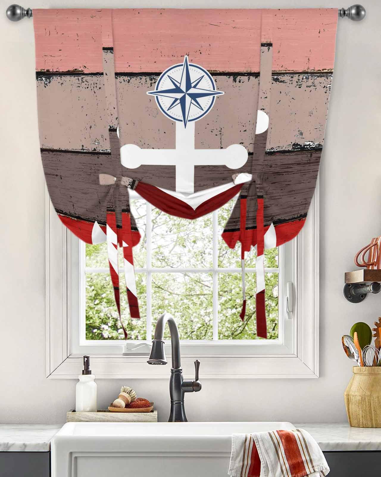 Nautical Anchor Tie Up Curtains for Windows 45 Inch Length Balloon Curtains Kitchen Adjustable Balloon Window Shade Red Brown Retro Gradient Wooden Grain Tie Up Valance Bathroom Curtain Window 52