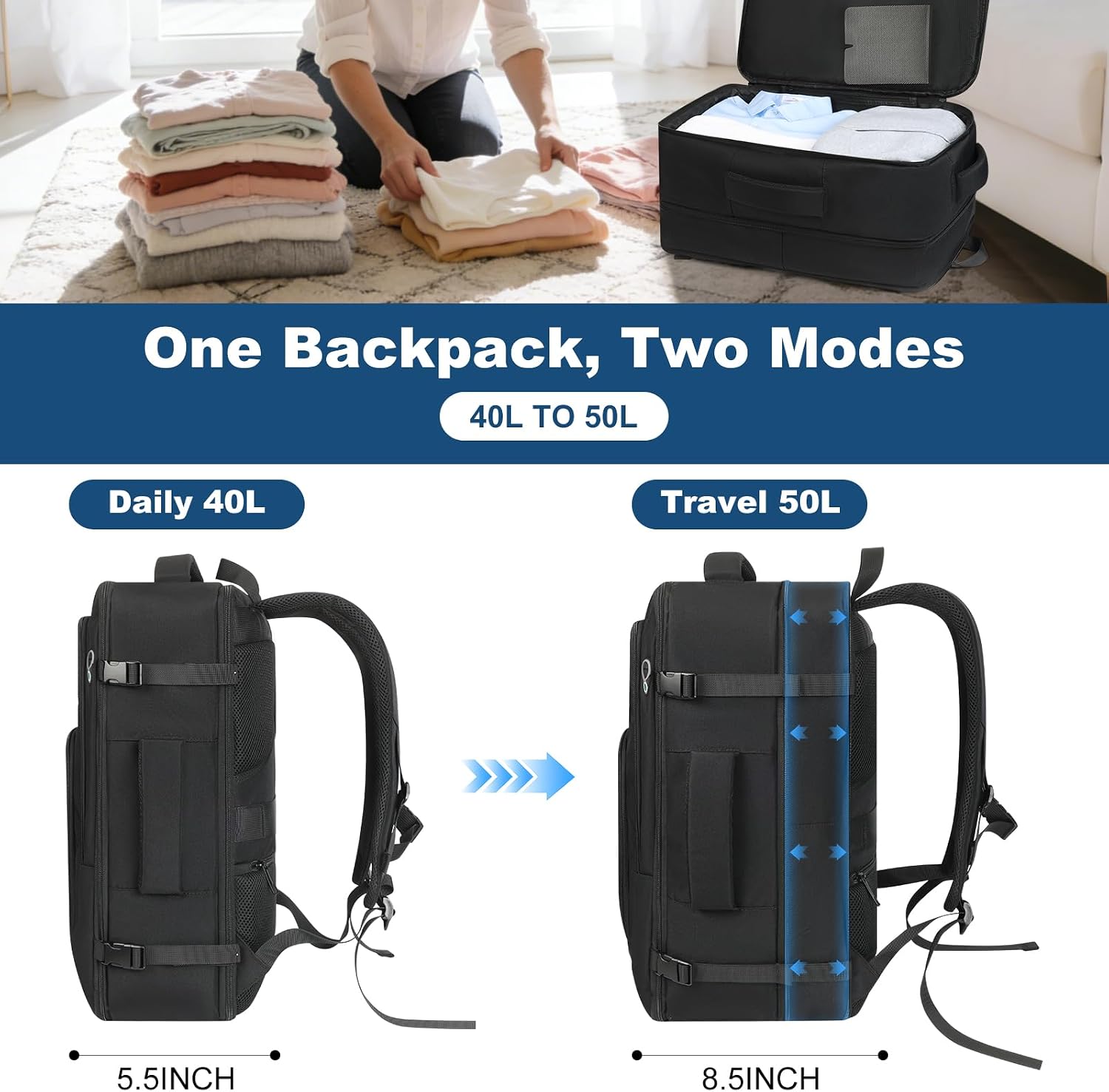 Spacious Travel Backpack,Expandable 1-5 Days Carry on Backpack with USB Cable Port,Fits 17.3" Laptop Notebook,Water Resistant Weekender Backpack for Men Women Bussiness Trips,Daily Use,Black