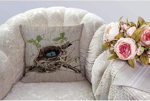 Miniatura 2 de HGOD DESIGNS Funda de cojín vintage con diseño de pinzón y huevos azules, funda de cojín de lino y algodón de 18 x 18 pulgadas