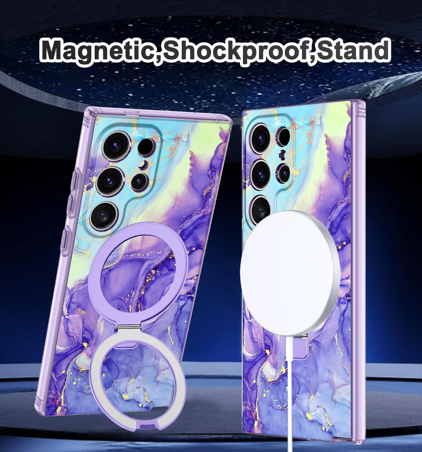 Magnetic for Samsung Galaxy S24 Ultra Case with Invisible Ring Stand [Compatible with MagSafe], Full Body Rugged Slim Women Men Girl Shockproof Marble Pattern Design Case,Cobalt Violet