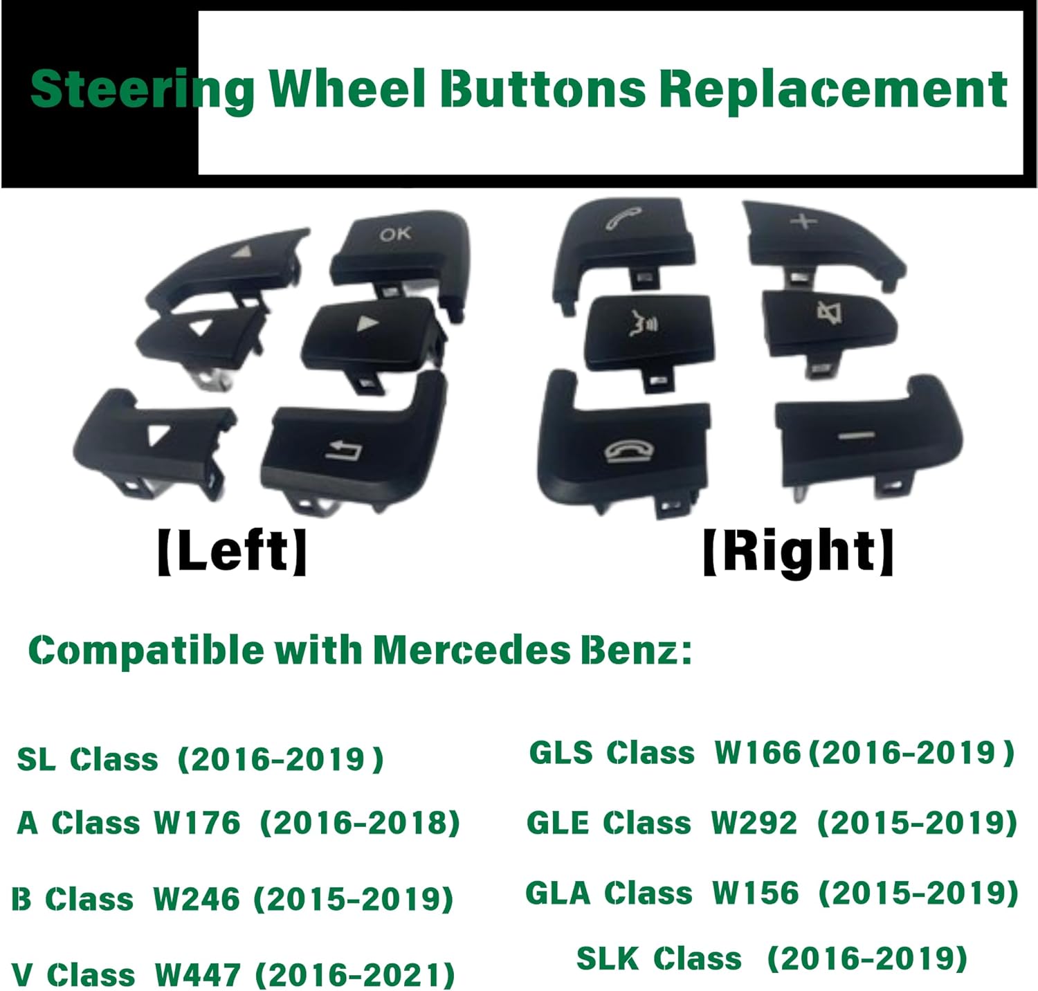 Compatible with Mercedes Benz Steering Wheel Control Button Cover Replacement W166 GLS GLE A B CLA CLS GLA SL SLC W176 W246 W117 W218 W156 W231 W172 (Black, A set 12pcs)