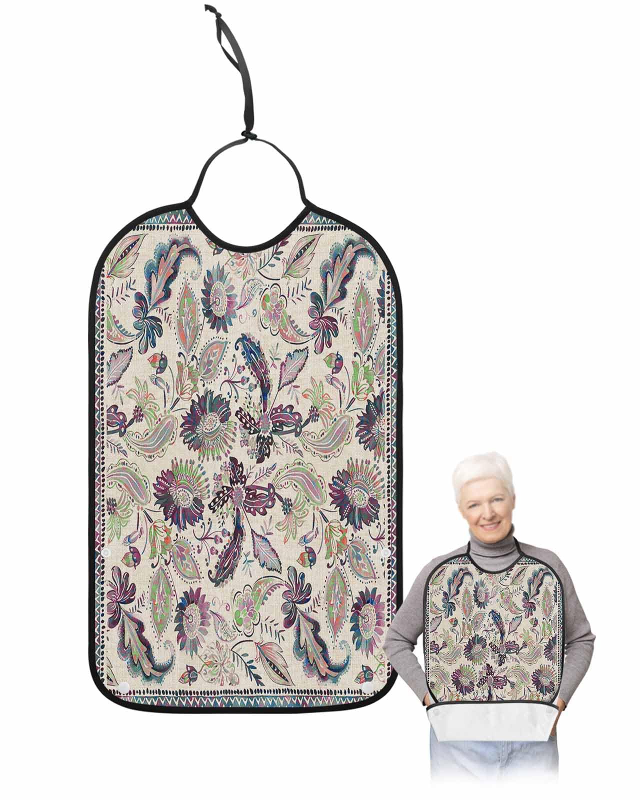 LEOKOTI Purple Teal Ethnic Adult Bibs for Eating, Waterproof Bibs with Food Catcher & Adjustable Snap Closure, Boho Modern Geometric Abstract Art Washable Clothing Protectors Adult Bibs for Elderly