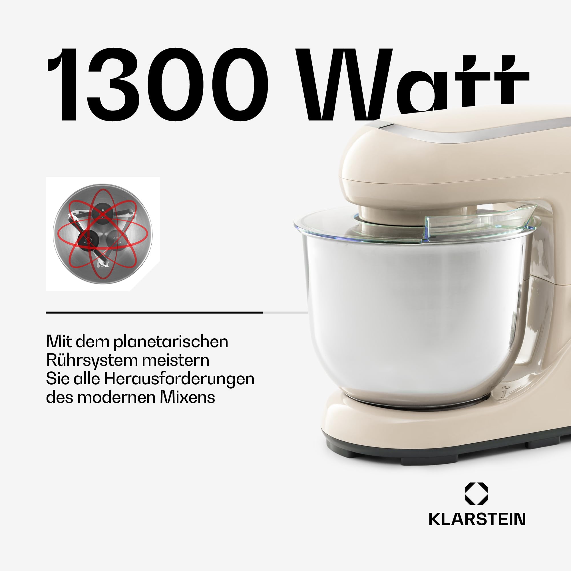 Klarstein Knetmaschine Küchenmaschine zum Backen, 1300W Teigmaschine Klein, 6 Stufen, Schneebesen Rühr- & Knethaken, 5L Schüssel, Planetenrührwerk, Rührmaschine mit Mixer, Küchenmaschinen für Brotteig
