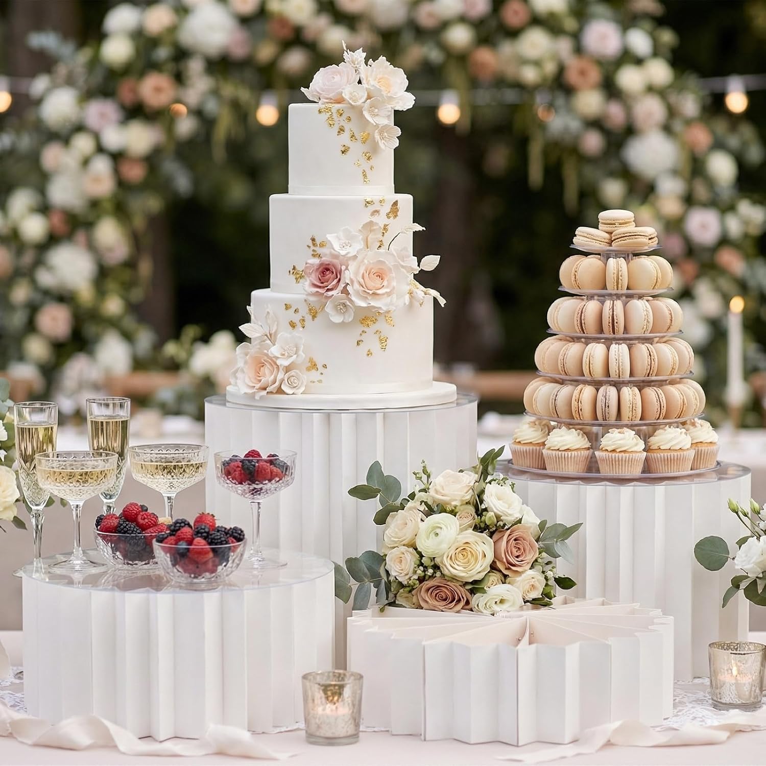 12 Pcs Buffet Risers, Food Risers for Buffet Table, Acrylic Plates and 3", 4", 6", 8" Height Cardboard Foldable Cake Display Stands for Wedding, Birthday, Party Decoration Dessert Table