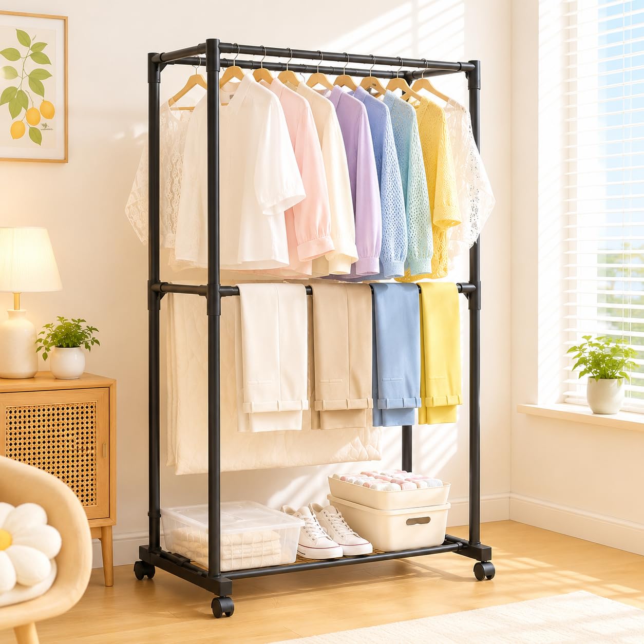 Metal Multifunctional Heavy-Duty Quality Garment Stand Cloth Rack Freestanding Storage with Bottom Shelves Adjustable Single Solid Stainless Steel Spider (Double Stnad)-image-19