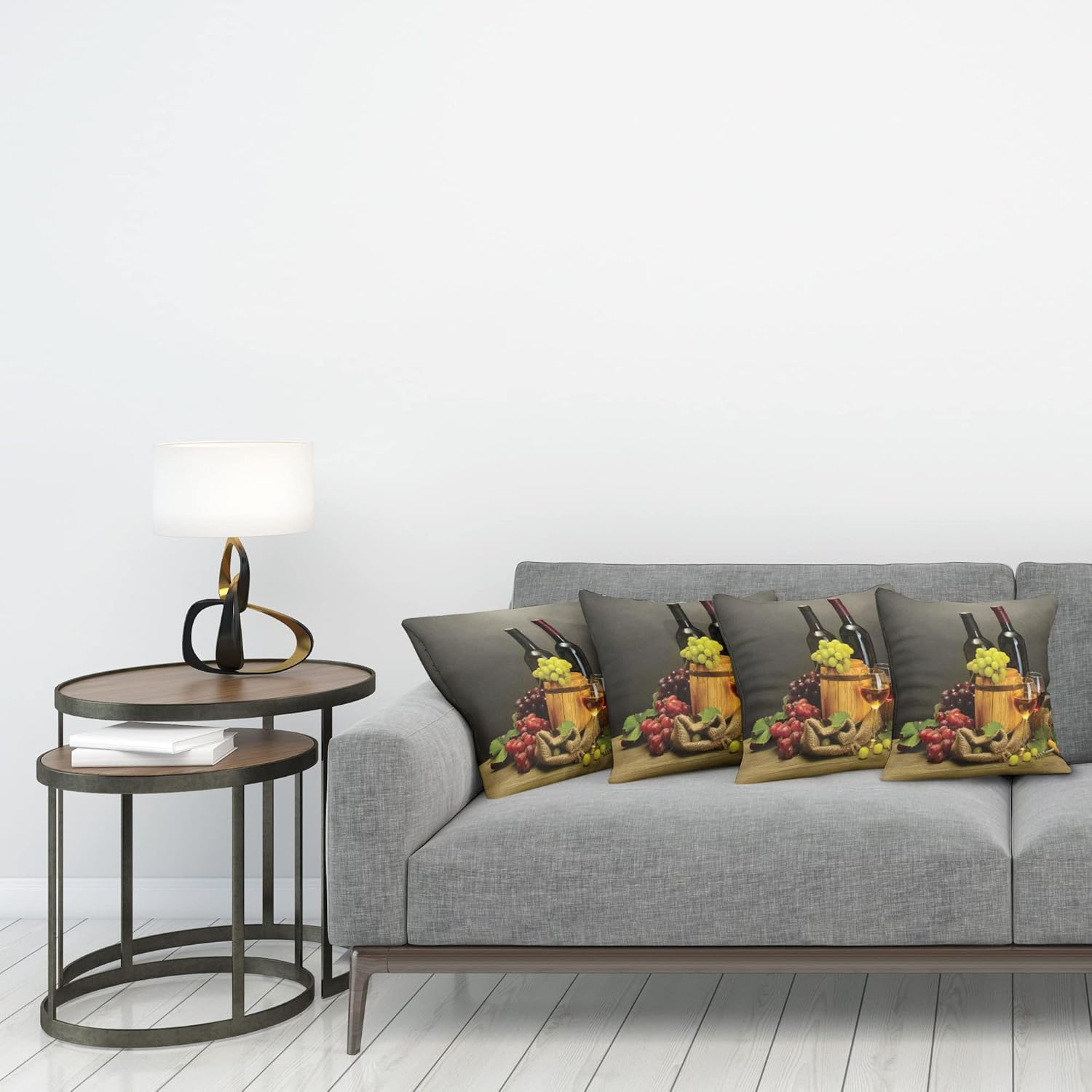 Ambesonne Winery Throw Pillow Cushion Case Pack of 4, Cask Bottles and Glasses of Wine and Ripe Grapes on Wooden Table Picture Print, Modern Accent Double-Sided Digital Printing, 20", Grey Taupe