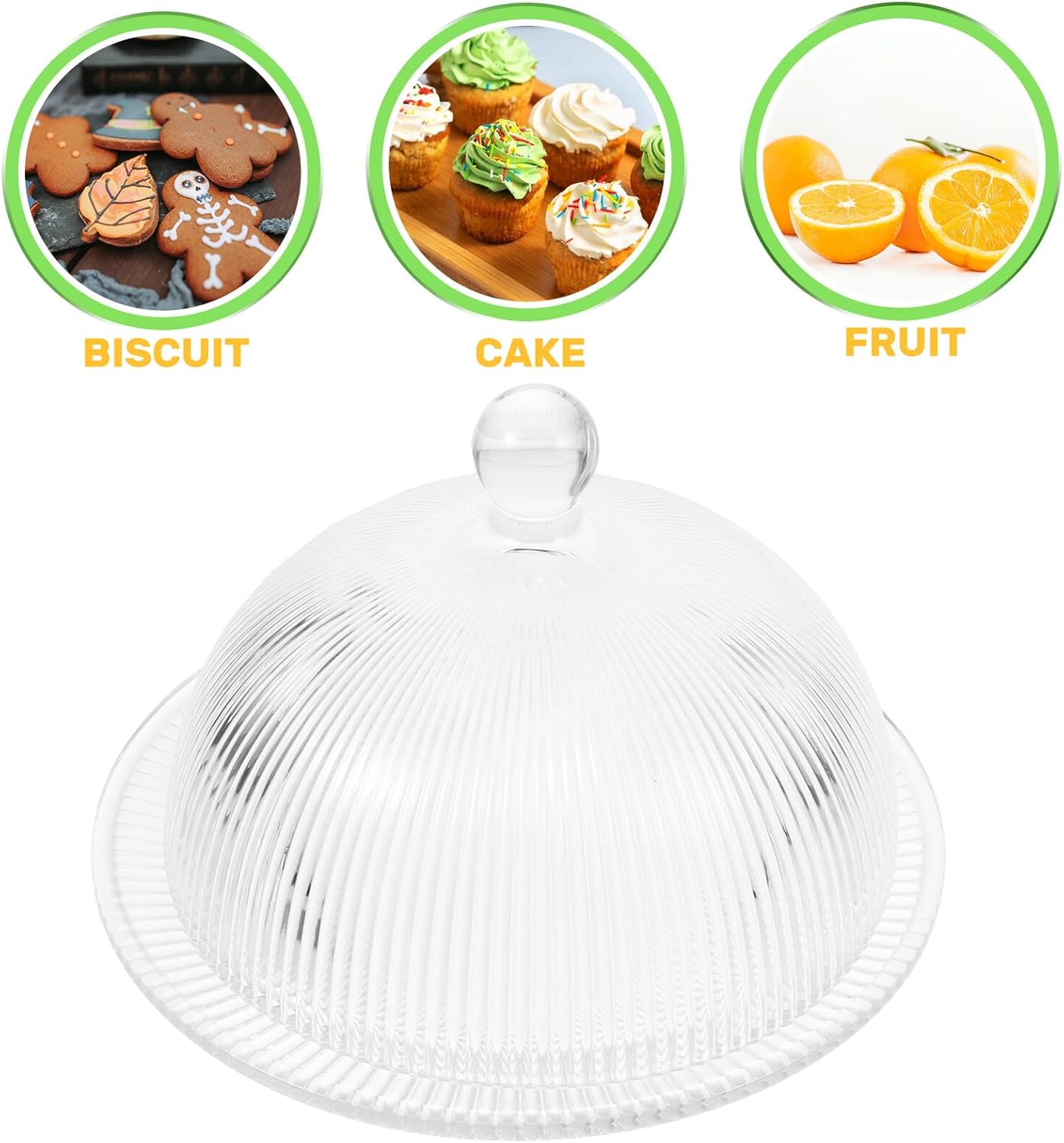 GARVALON Glass Cake Stand with Dome Lid, Glass Dessert Plate and Covered Serving Tray, 20cm Vertical Ribbed Design for Home Baking and Fruit Display