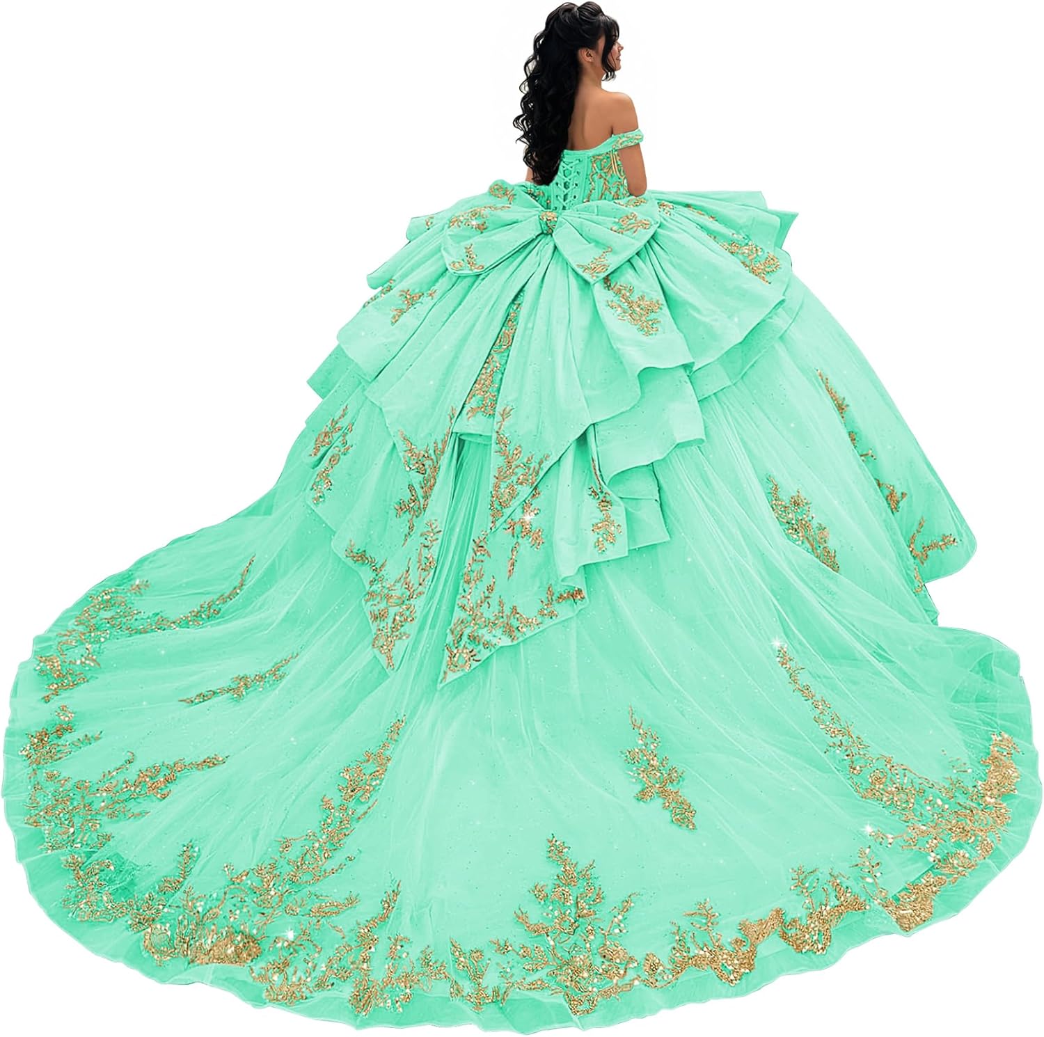 Ftupza Gold Lace Appliques Quinceanera Dresses with Detachable Bow Tassel Tulle Ball Gown Beaded Sweet 16 Dress