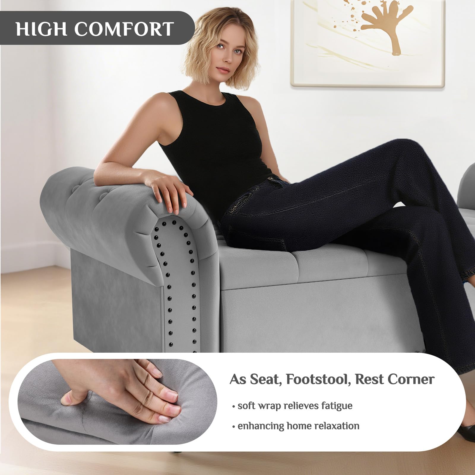 Clevich Banco con Almacenaje 133cm, Terciopelo Baul Almacenaje Dormitorio con Varilla de Elevación, Estilo de Francés, Extremo de la Cama con Tapa, Patas de Madera Maciza (Gris Claro)