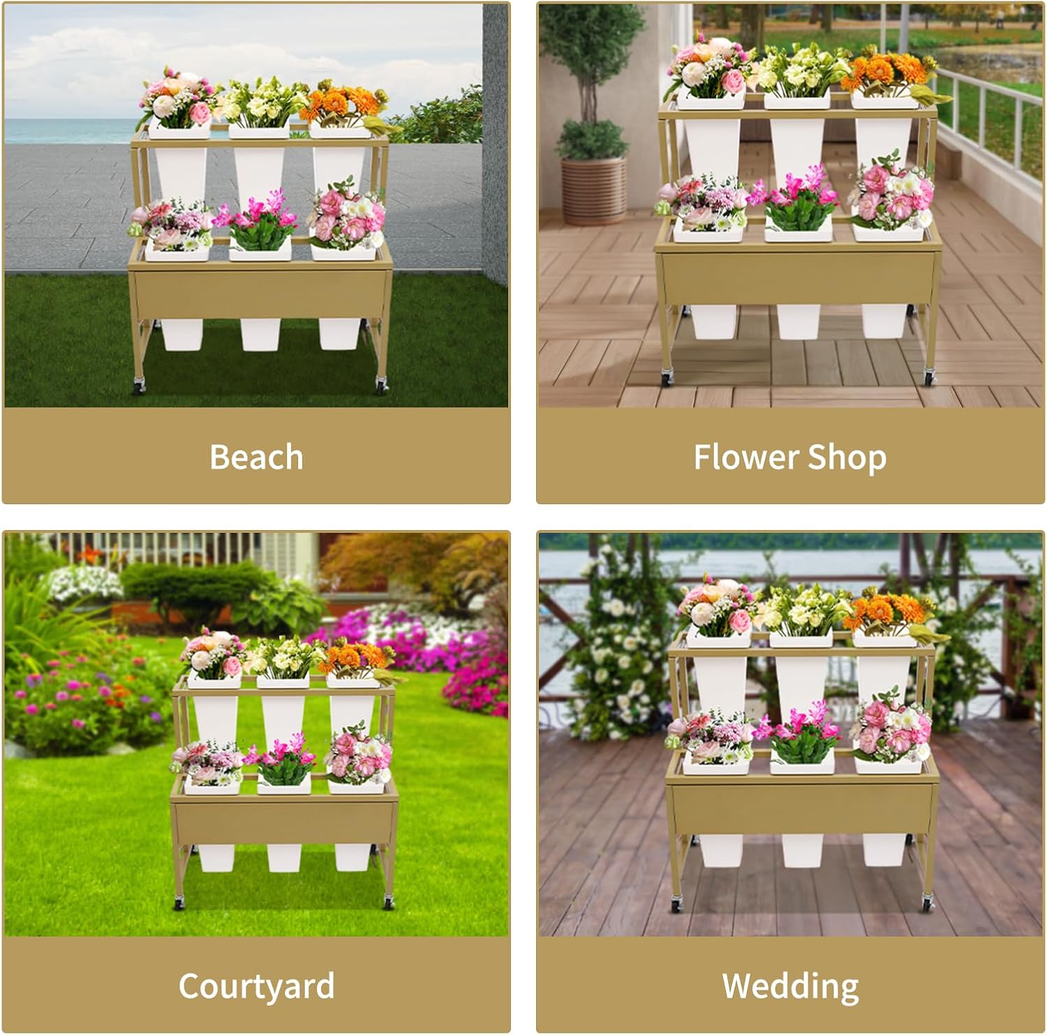 Flower Display Stand with 6PCS Buckets,2 Layers Metal Plant Stand With Wheels Plant Cart, Moving Florist Bouquet Shelf Flower Rack for Indoor, Outdoor Patio Garden, Living Room (Gold+White)