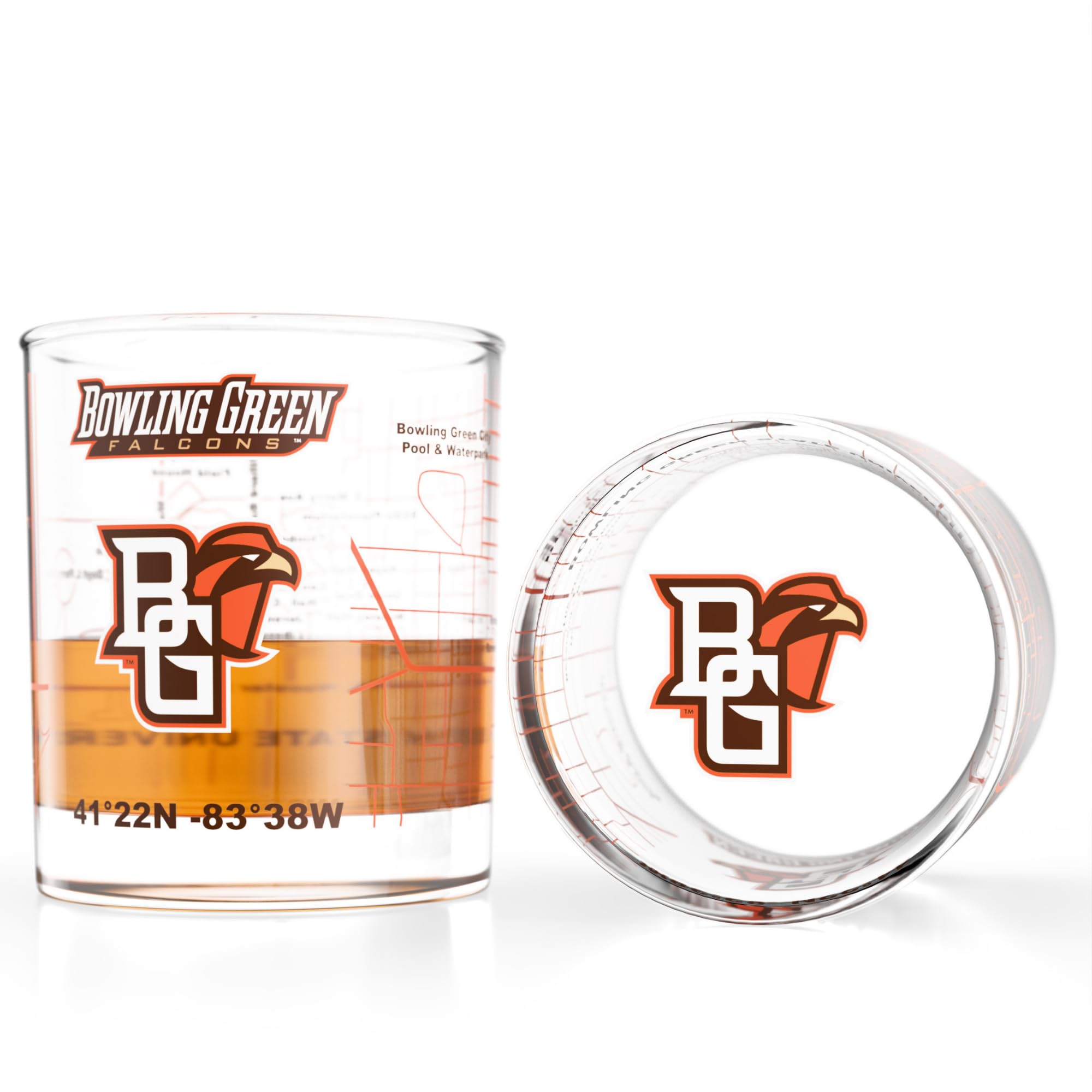 Greenline Goods Bowling Green State University Falcons Whiskey Glasses Set of 2, 10 oz Rocks Glasses with Full-Color Logo &amp; Campus Map – Officially Licensed Bourbon Glass Gift for Alumni &amp; Fans