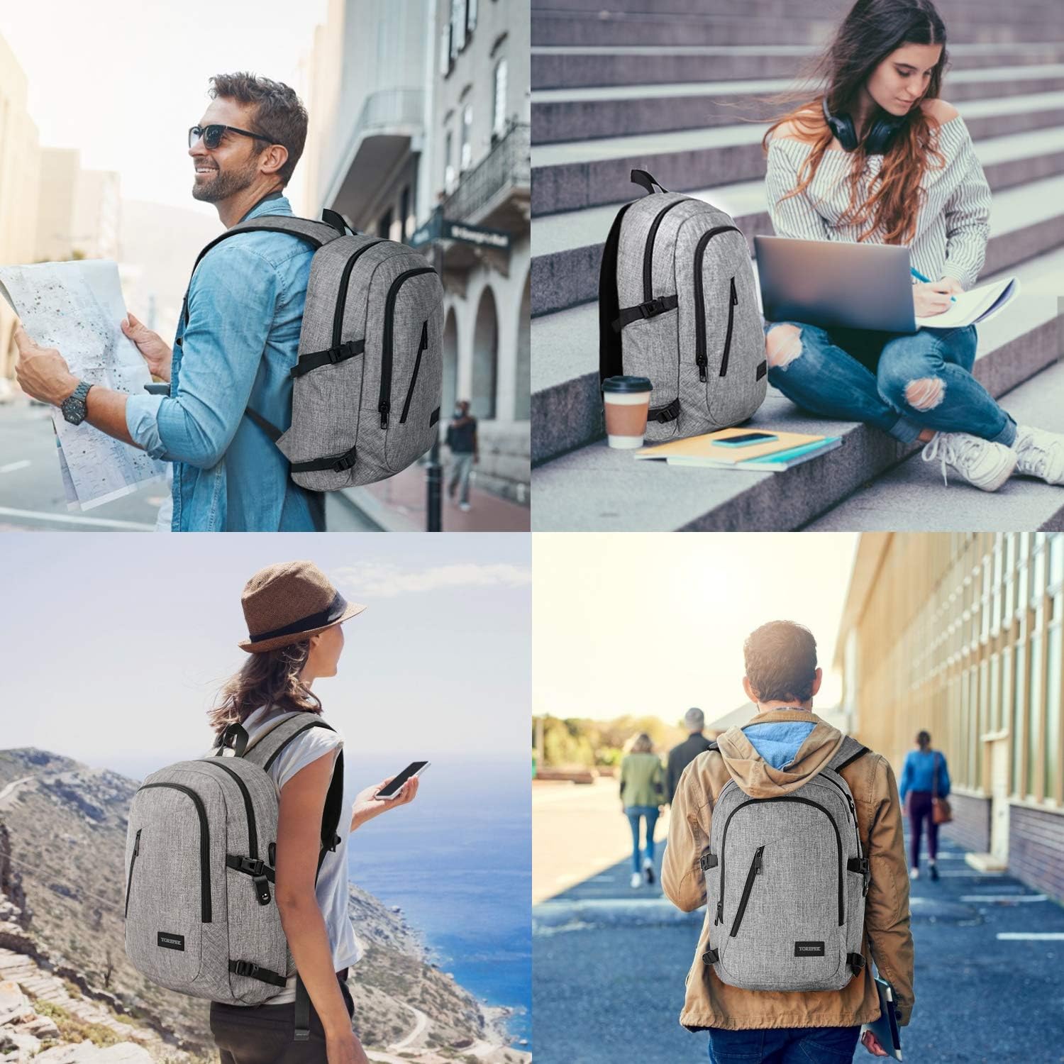 College Backpack For Men,Laptop Backpack with USB Charging Port Headphone Interface, Anti-Theft Travel Business Backpacks Water Resistant School Bookbag Fits 15.6 Inch Laptop(Gray)
