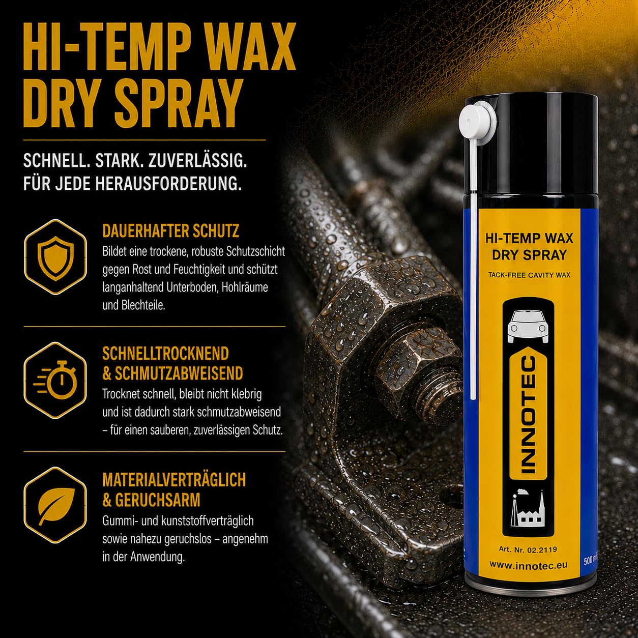 Innotec Hi-Temp wosk w sprayu, ochrona podwozia i pustych przestrzeni, ochrona przed tłuszczem w sprayu, przezroczysty – konserwacja Next Level dla motoryzacji i przemysłu – bez przywierania brudu i