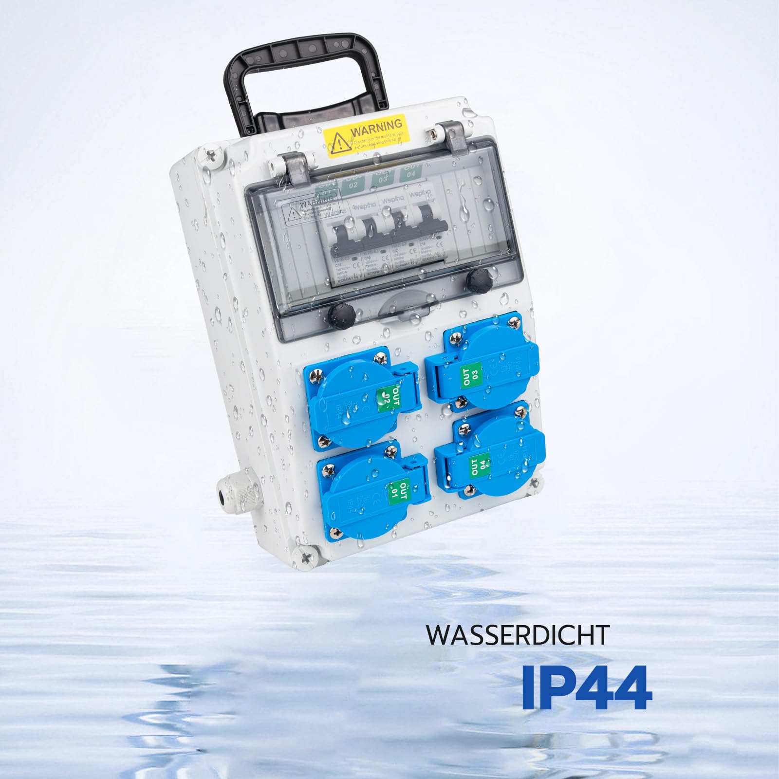 Baustromverteiler 16 A mit 1 Polig Leitungsschutzschalter,Wandverteiler mit 16 A Steckdose,Starkstrom verteiler Stromverteiler mit Griff für Außenbereich Baustrom (4×16A 1P LS mit Griff)