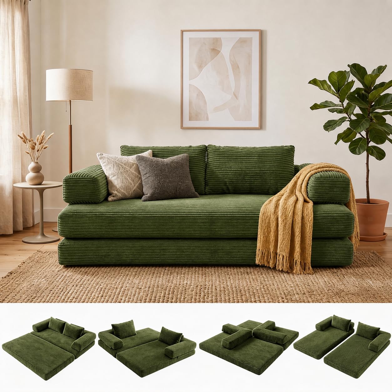 2 Seater Folding Sofa Bed,5in1 Modular Convertible Folding Couch w/ Pillow,Lazy Floor Sofa w/Back Support,Foldable Corduroy Futon Boneless Couch Mattress for Living Room Bedroom Guest Room(Green)