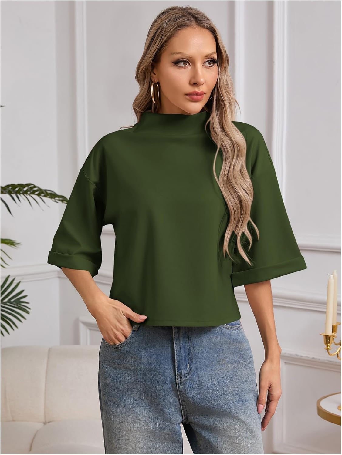 SweatyRocks Women's 3/4 Sleeve Mock Neck Basic Loose T-Shirt Elegant Top - Image 4