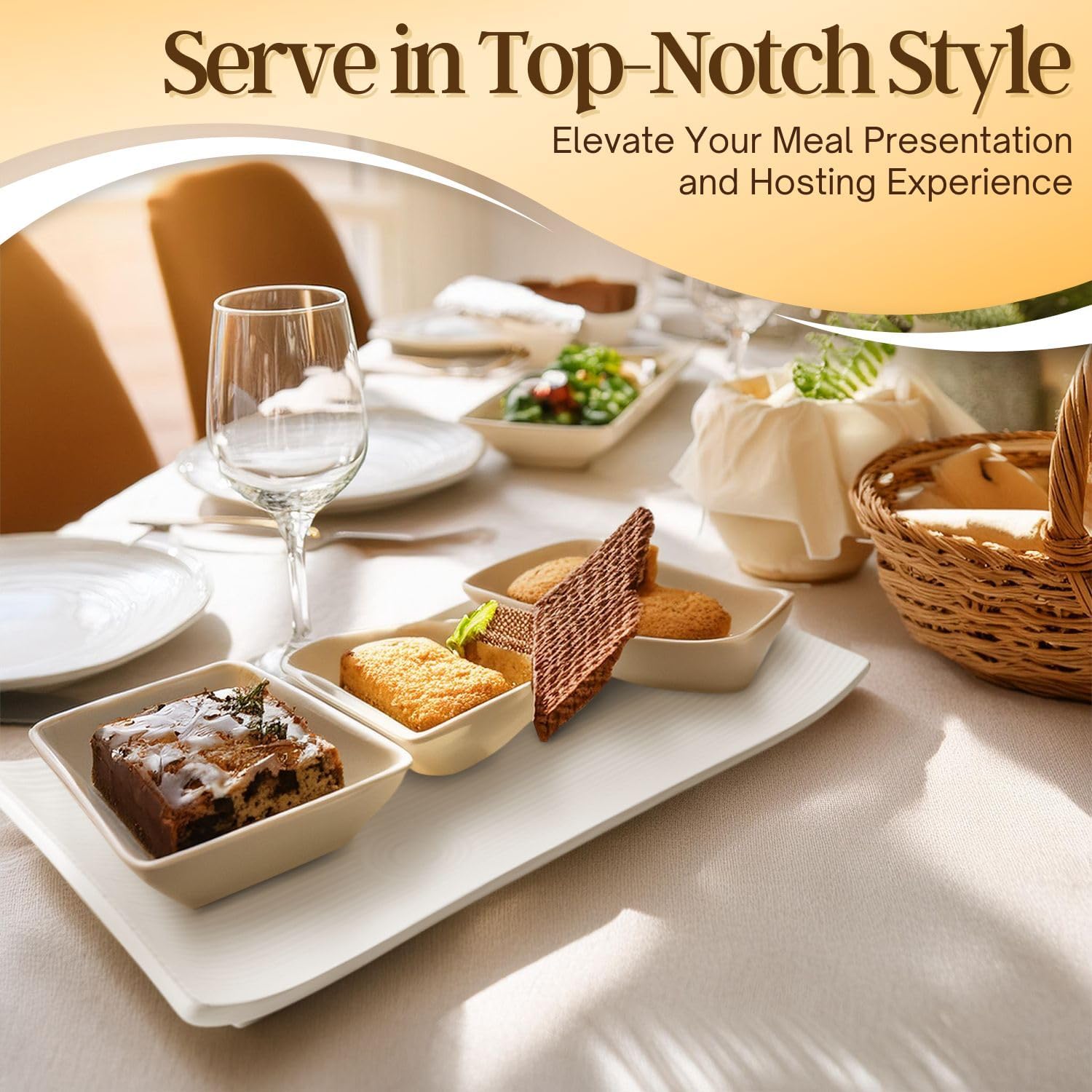 Flexzion White Serving Platters - 4 Pack Rectangular Serving Plate - 10 Inch Long Rectangle Ceramic Serving Platter Set for Appetizer, Meat, Bread, Dessert - Microwave, Oven, and Dishwasher Safe
