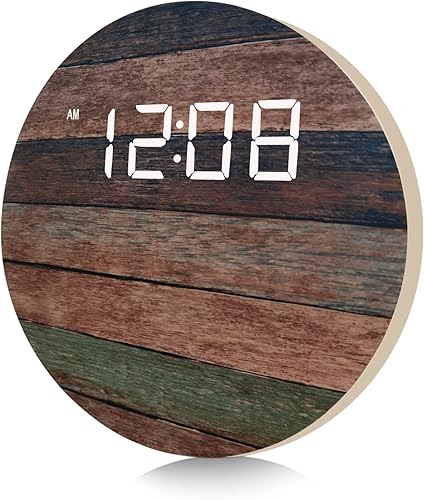 Digital Wall Clock, USB Powered Vintage Plank Stripes Design, 1224Hr Wall Mounted Digital Clock, LED Wooden Silent Wall Clock for Kitchen Living