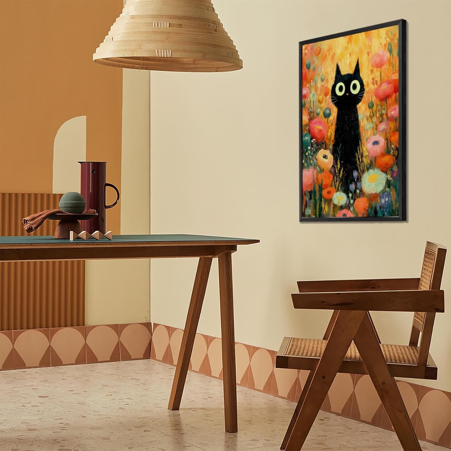 Framed Trendy Midnight Bloom Cat Canvas Posters Colorful Garden Black Cats Wall Art Rustic Fields Floral Botanical Prints Painting For Living Room Bedroom Dorm Wall Decor 8x12in