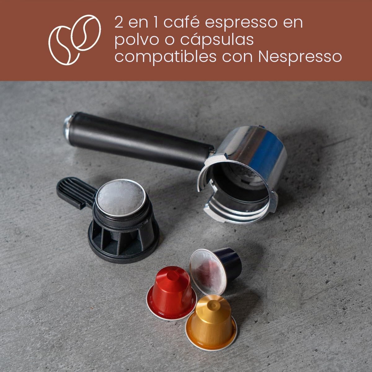 ProfiCook® cafetera espresso 2en1 para café en polvo y cápsulas compatibles Nespresso - máquina portafiltro 20 bar - con sistema de leche para latte y cappuccino- portafiltro para espresso- PC-ES 1266