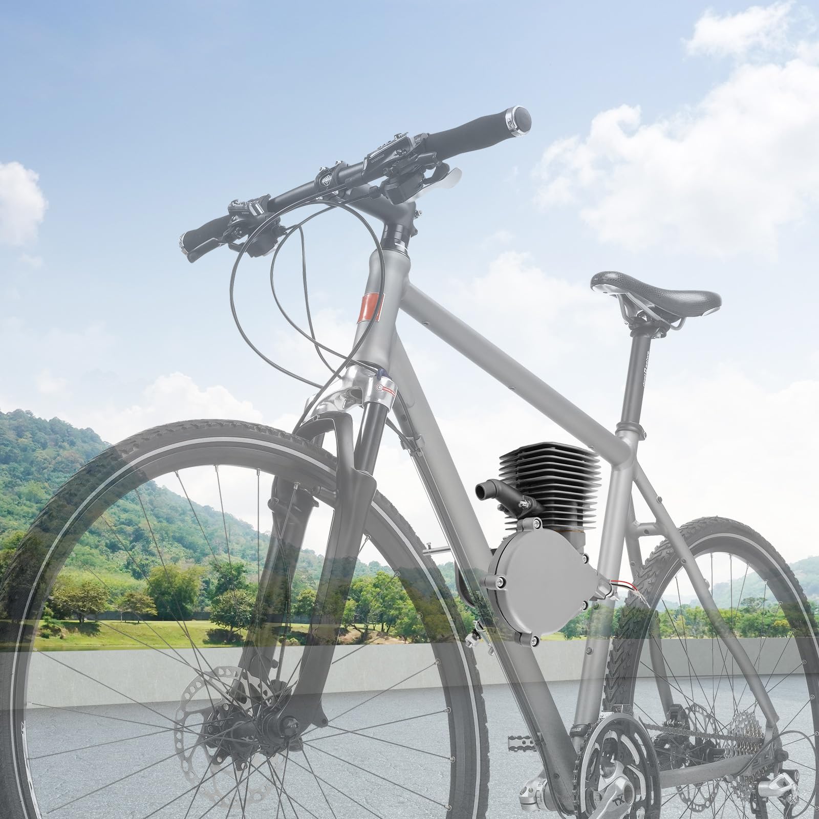 100CC 2-Takt Fahrrad Motor Kit 45km/h Höchstgeschwindigkeit, Luftgekühlt Einzylinder Benzinmotor mit 2L Tank, Umrüstsatz für 26/28 Zoll Mountainbike Rennrad Strandrad
