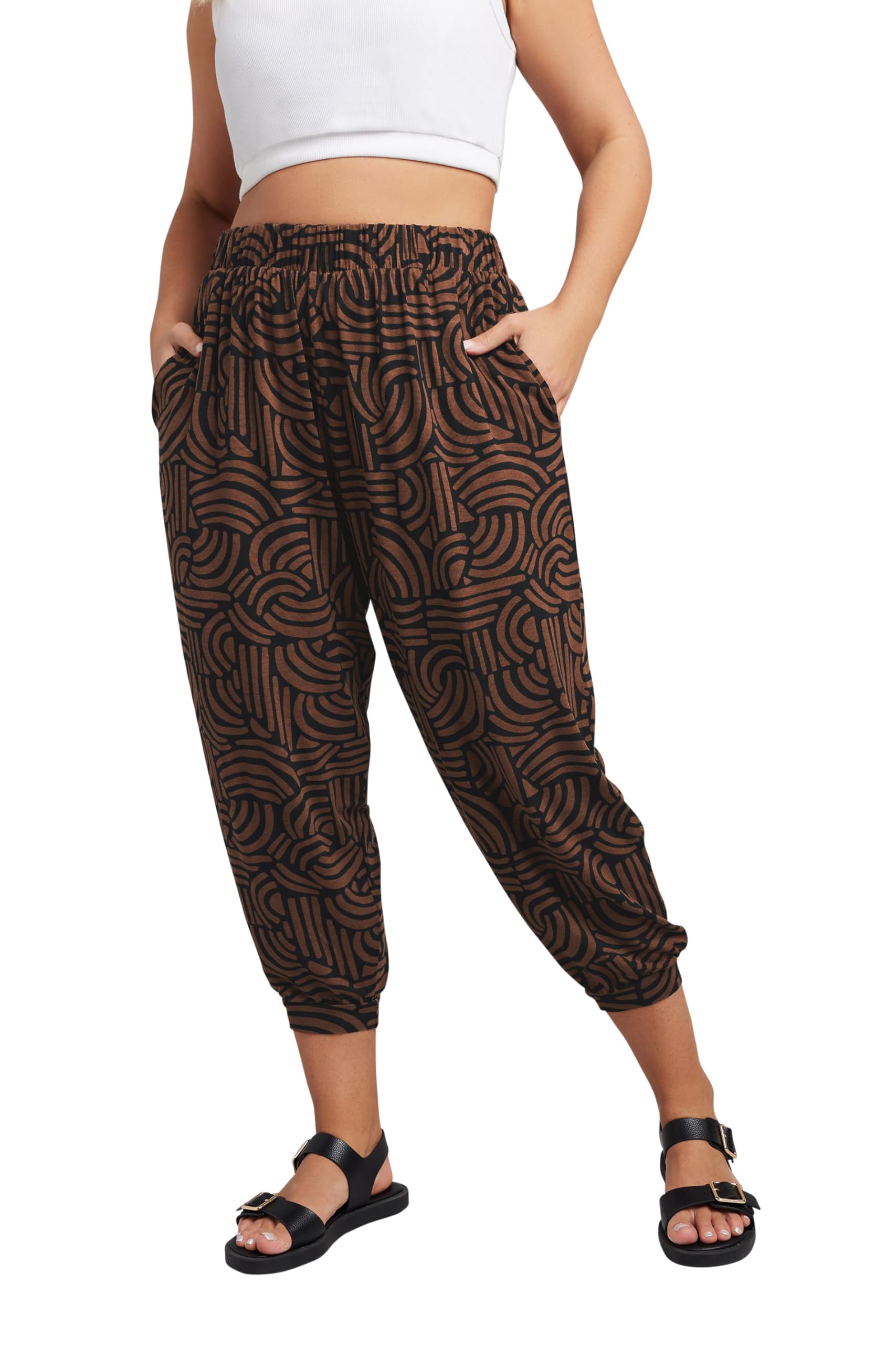 Yours Women's Brown Curve Abstract Print Cropped Balloon Joggers - Plus Size Curve