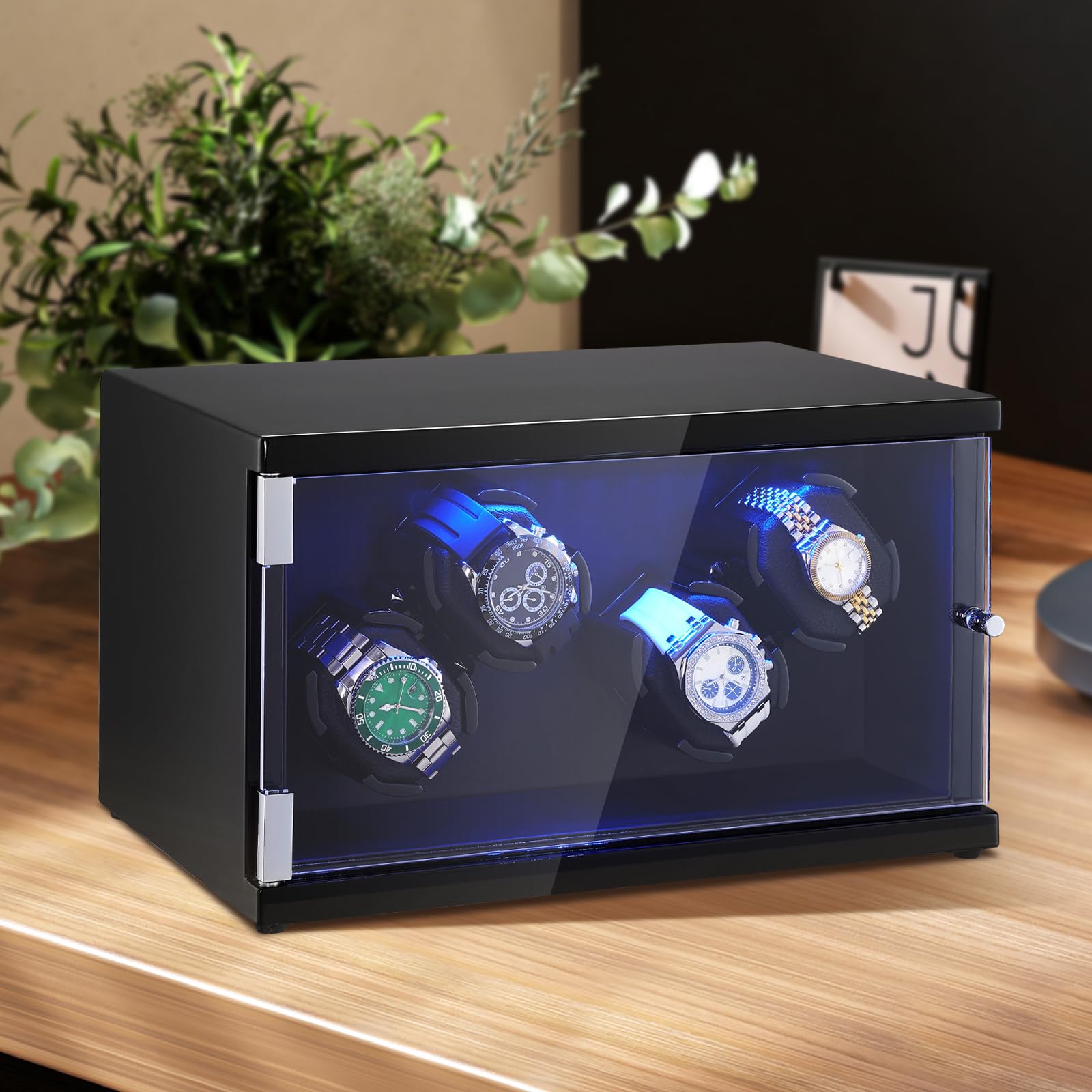 VEVOR Caricaorologi, Caricaorologi per 4 orologi automatici da uomo e da donna, con 2 motori giapponesi super silenziosi, luce LED blu e adattatore, guscio ad alta densità e PU nero