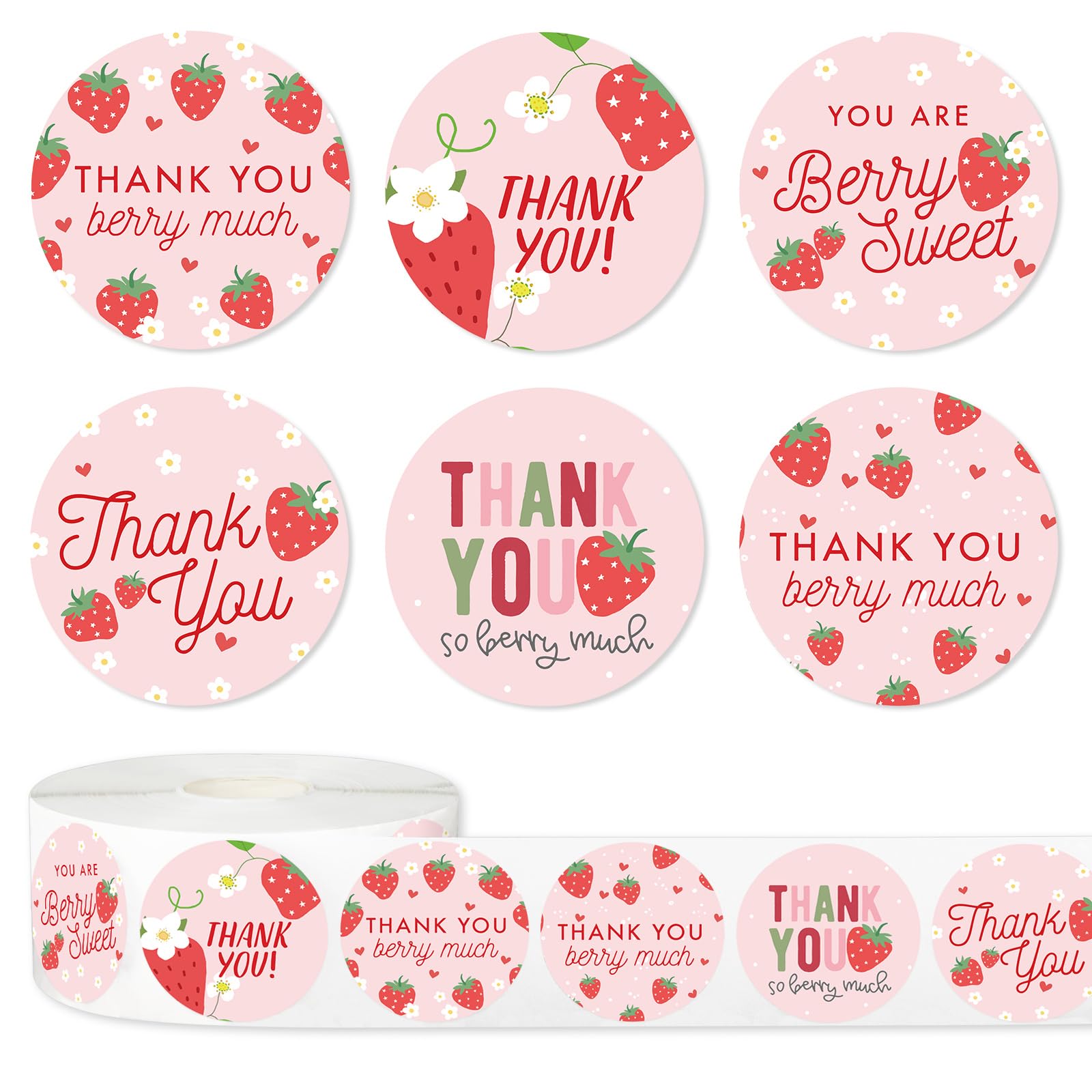 500Pcs Strawberry Thank You Stickers Pink Fruit Decorative Decal Roll 6 Designs Self-Adhesive Sealing Labels for Summer Birthday Baby Shower Party Supplies