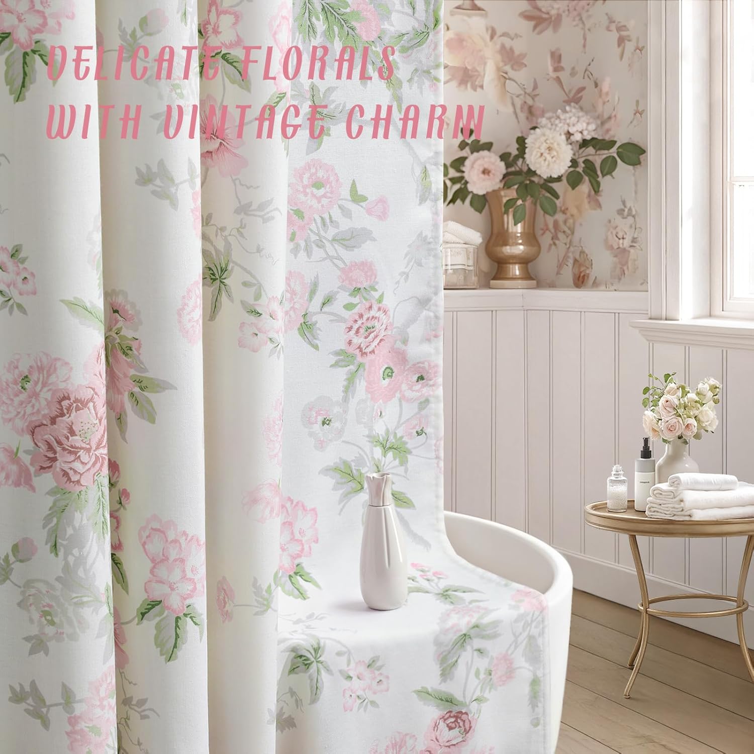 Pink and Sage Green Floral Vintage Shower Curtain,Cottage core Cotton Shower Curtains for Bathroom,72Wx72H