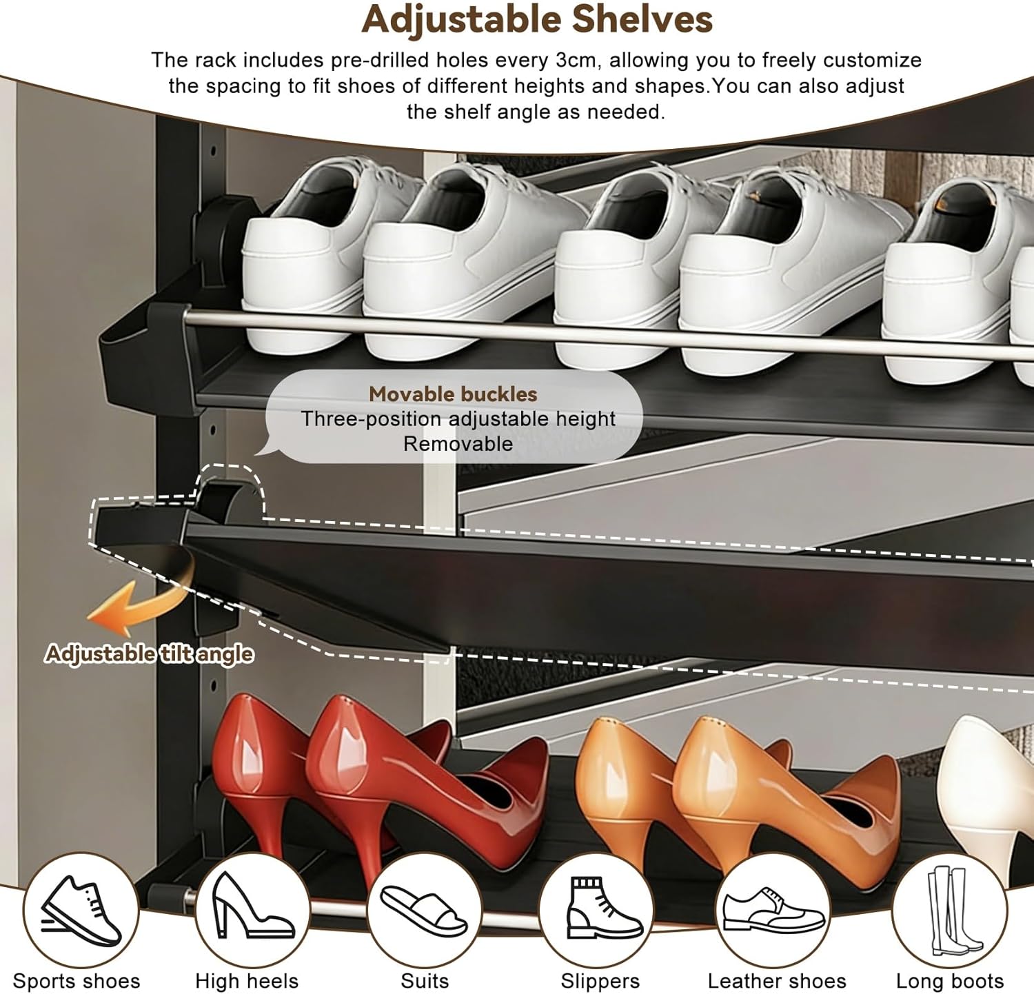 4-15 Tier Adjustable Pull Out Shoe Rack Heavy Duty Vertical Shoe Organizer for Closet Wardrobe Under Stairs Storage System Fits Depth 17.7"-34.3"(5 Tier,20.9 Inch Depth)