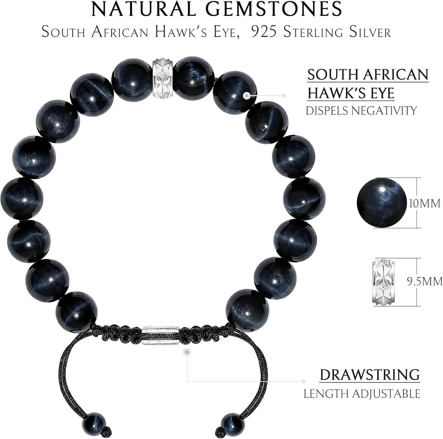 AWNL Hawk's Eye Charoite Beaded Bracelet for Men Sterling Silver Charm Adjustable Braided Protection Bracelet (10mm) Natural Gemstones Gift for Men, 6.1''-7.5'' - Image 4