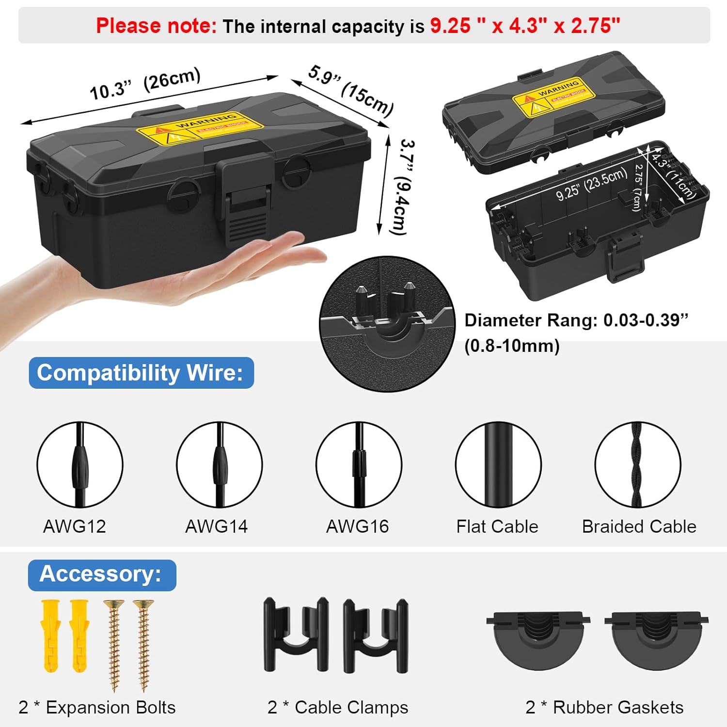 Clatoon Medium Outdoor Electrical Box Waterproof 10.3 x 5.9 x 3.7 in, IP54 Waterproof Extension Cord Cover Outlet Box, Weatherproof Connection Box for Electronics Outside, Power Strip, Light, Plug