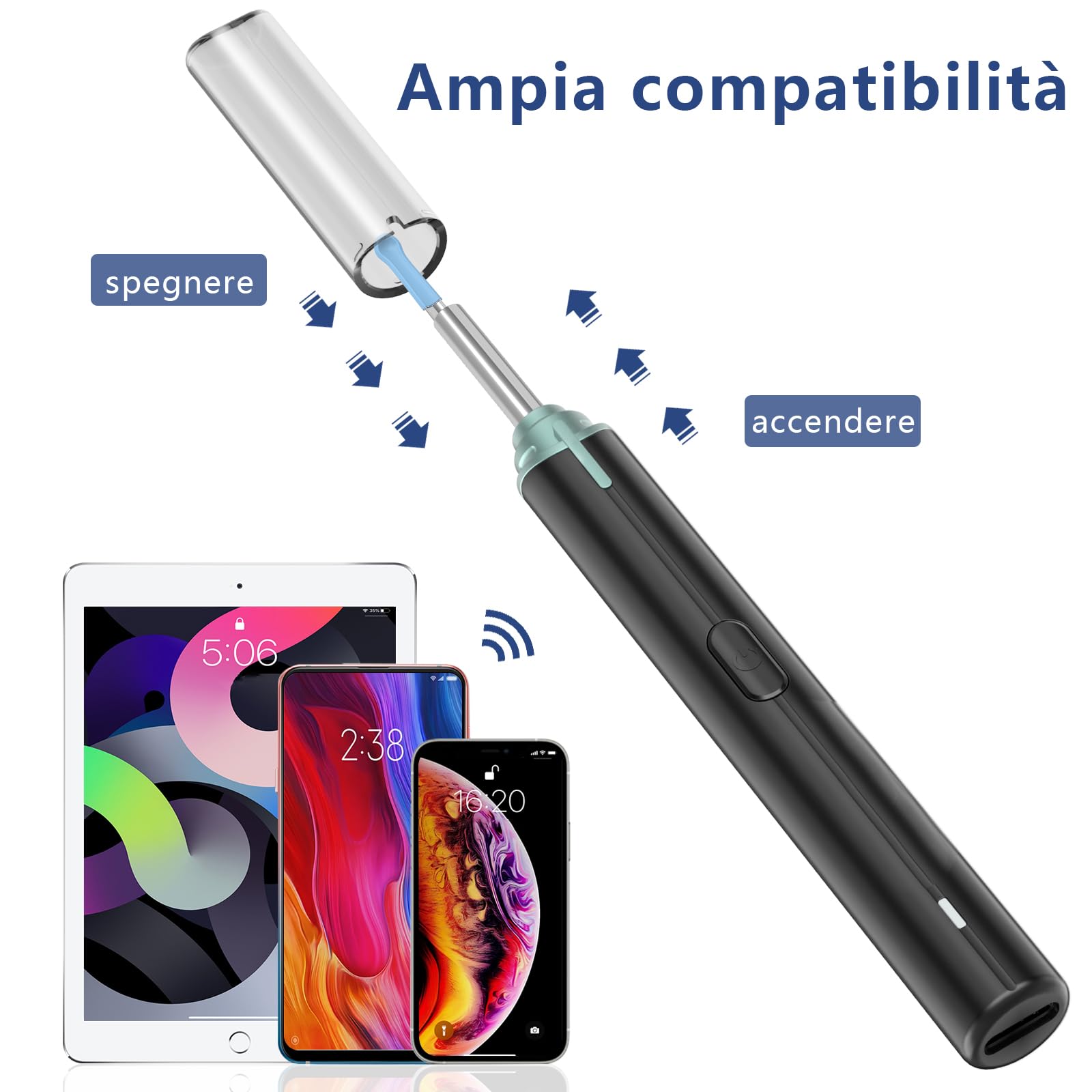 Pulizia Orecchie Otoscopio, Pulitore Orecchie 1920P HD E Connessione Wifi, Pulisci Orecchie Con 6 LED, IP67 Impermeabile, Compatibile Con iPhone/iPad/Android (Nero)