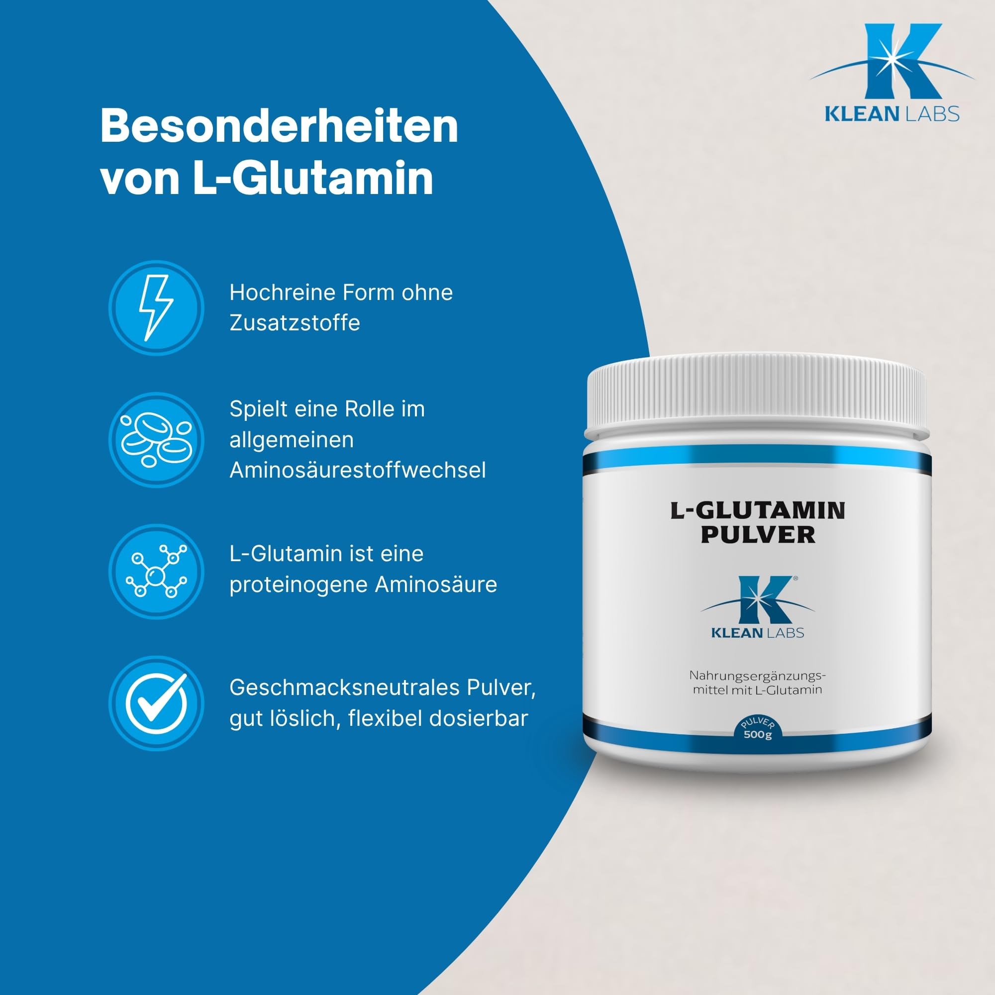 L-Glutamin Pulver - 5 g - 500 Gramm - ohne Gentechnik - unterstützt Muskeln, Darm und Immunsystem bei Belastung