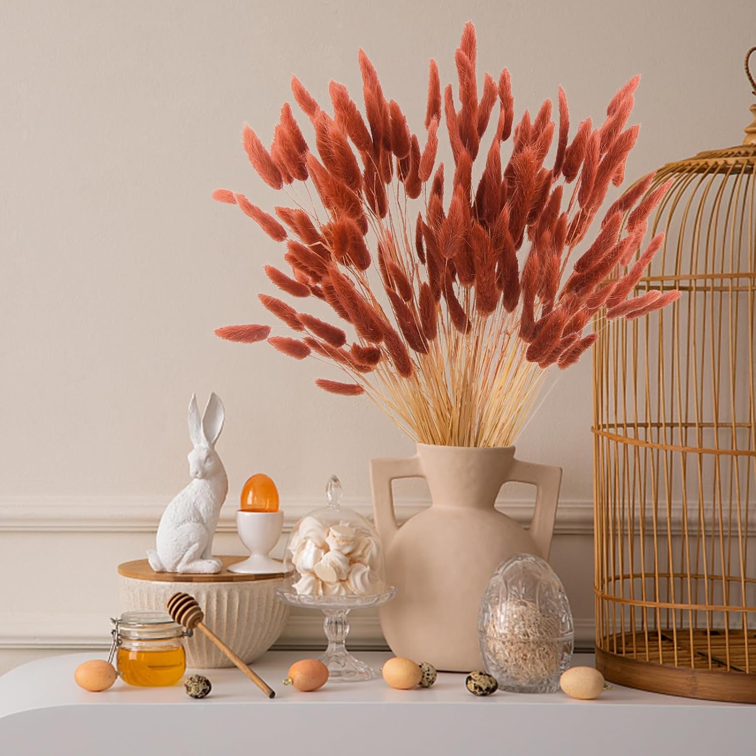 120pcs Burnt Orange Bunny Tails Dried Flowers,17" Dried Faux Pampas Grass Bulk Decor Fall Pampas Dried Boho Flowers Lagurus Ovatus Rabbit Bunny Tail Grass for Home Wedding Decor Crafts thumbnail