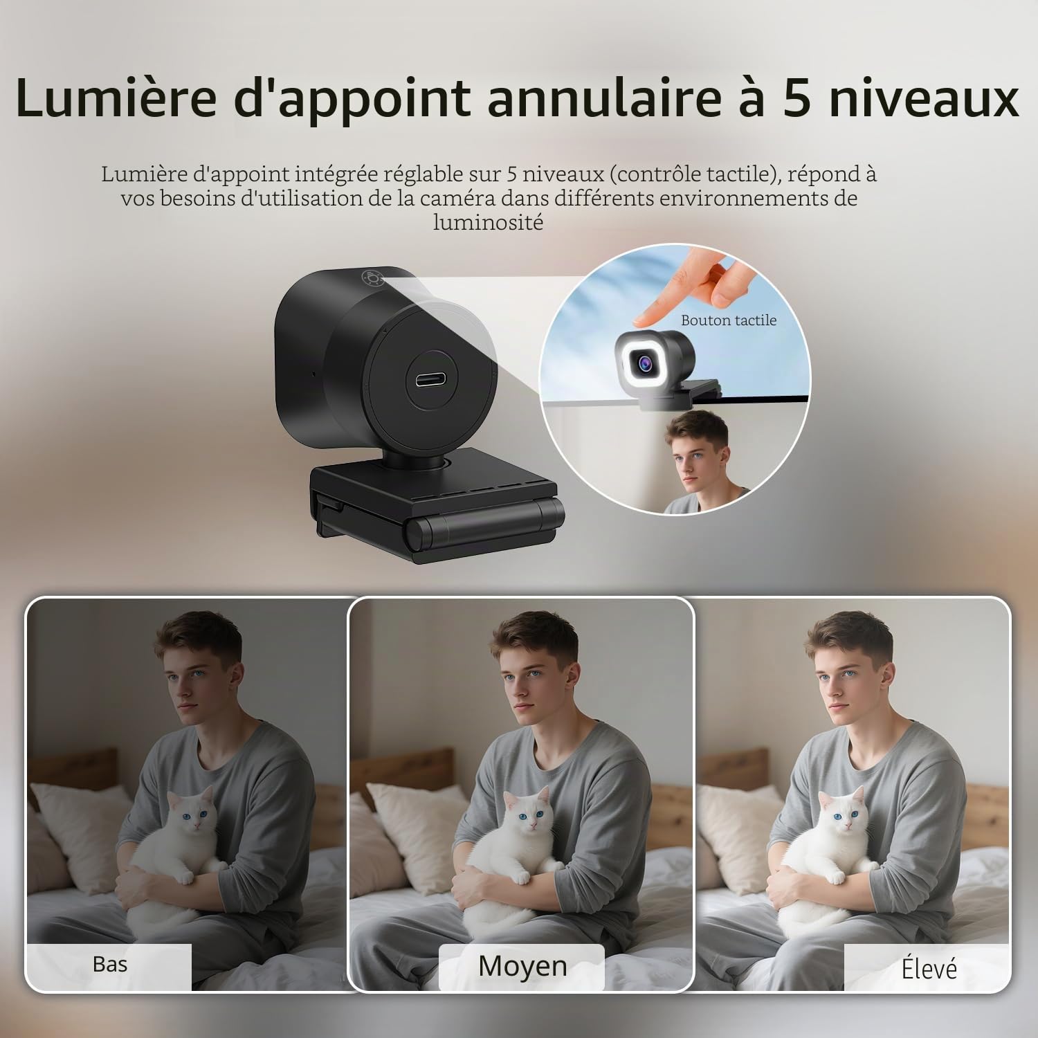 TOALLIN Webcam 4K avec Anneau Lumineux, télécommande, Autofocus PDAF, 12 Millions de Pixels, Double Micro intégré, Zoom numérique 5X, Webcam pour Diffusion en Direct et appels vidéo