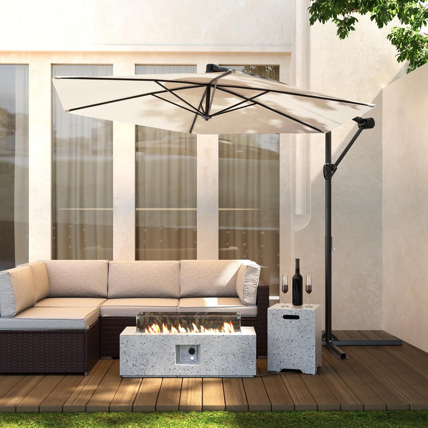 SUNBURY 10FT Patio Umbrella with Easy Tilt Adjustment, Offset Hanging Market Patio Umbrella, Cantilever Patio Umbrellas Polyester Shade for Yard, Patio, Lawn(Beige)