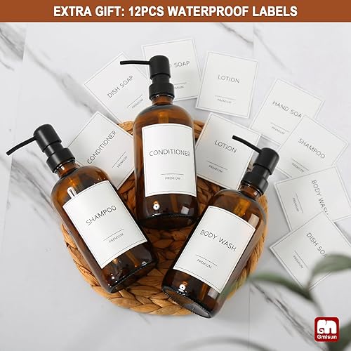 Miniatura 26 de GMISUN Dispensador de jabón de vidrio ámbar, paquete de 2 dispensadores de jabón de manos de baño con bomba de bambú, juego de dispensador de jabón