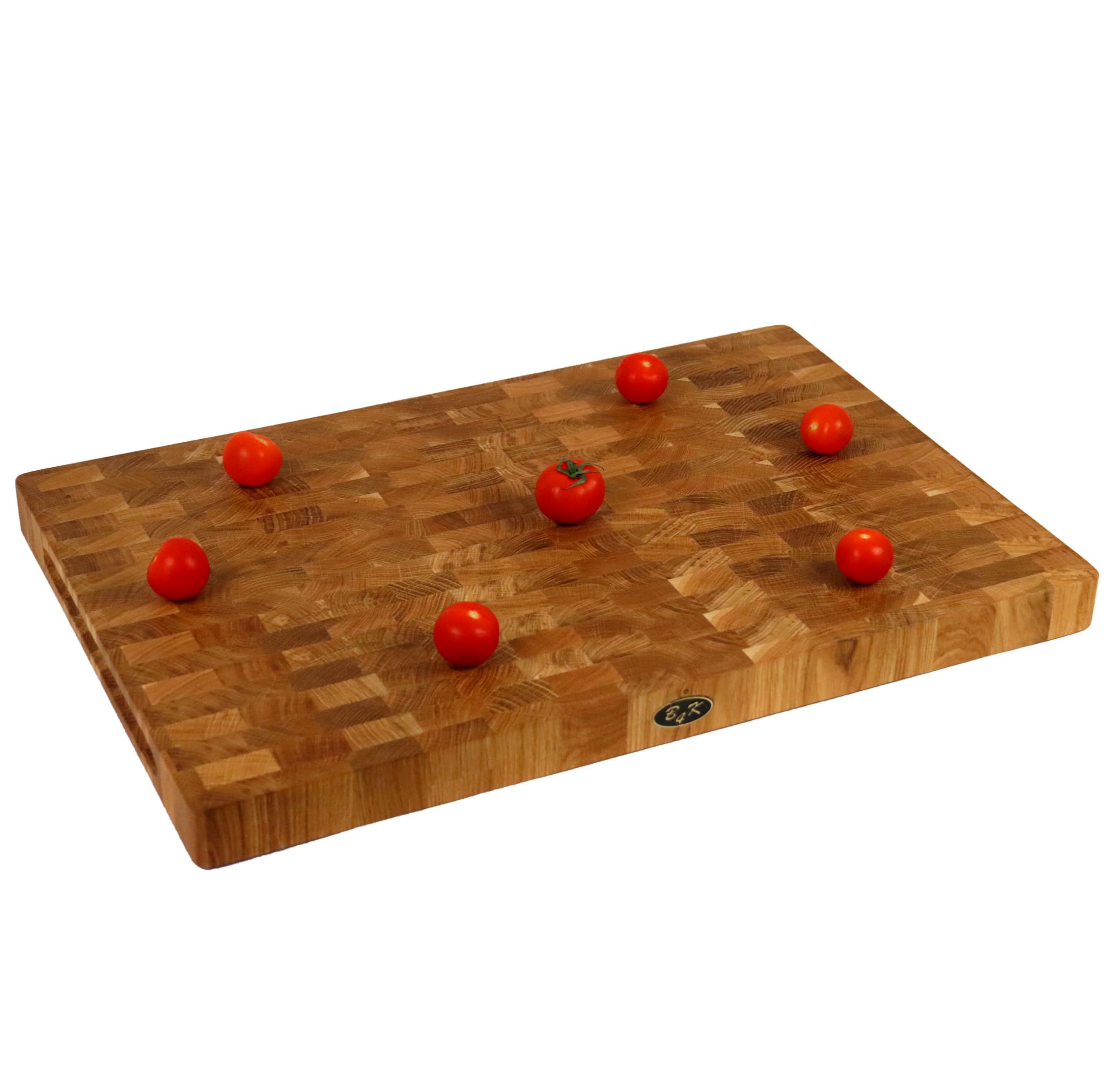 B4K® Schneidebrett aus Eiche Stirnholz 60 × 40 × 4 cm | Massiver Hackblock aus Hirnholz, Mit Griffen & Silikonfüßen, Antibakteriell, Messerschonend