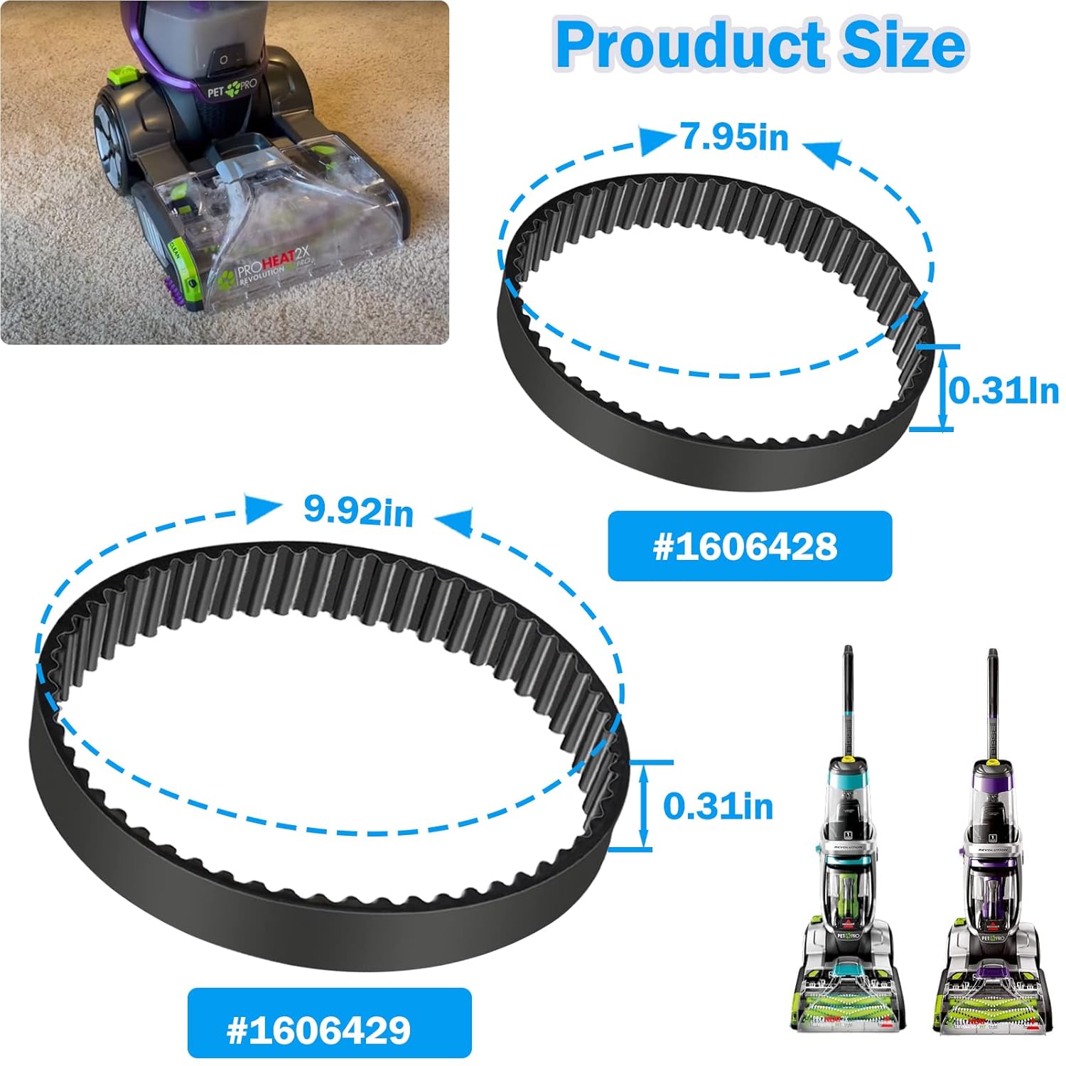 2 Pack Vacuum Belts Replacement for Bissell ProHeat 2X Revolution Pet Pro Cleaner, Vacuum Cleaner Belts Replace Part Number 1611129 & 1611130,Fit Models: 1986, 19863，1964, 2007, 2007P Series