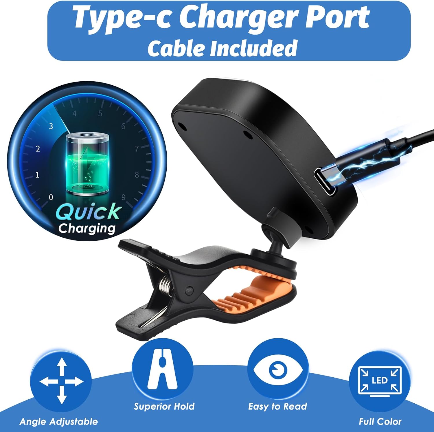 MOREYES Rechargeable Guitar Tuner Clip on Chromatic, Guitar, Bass, Violin, Ukulele Include Guitar Capo and Guitar Picks and Holder