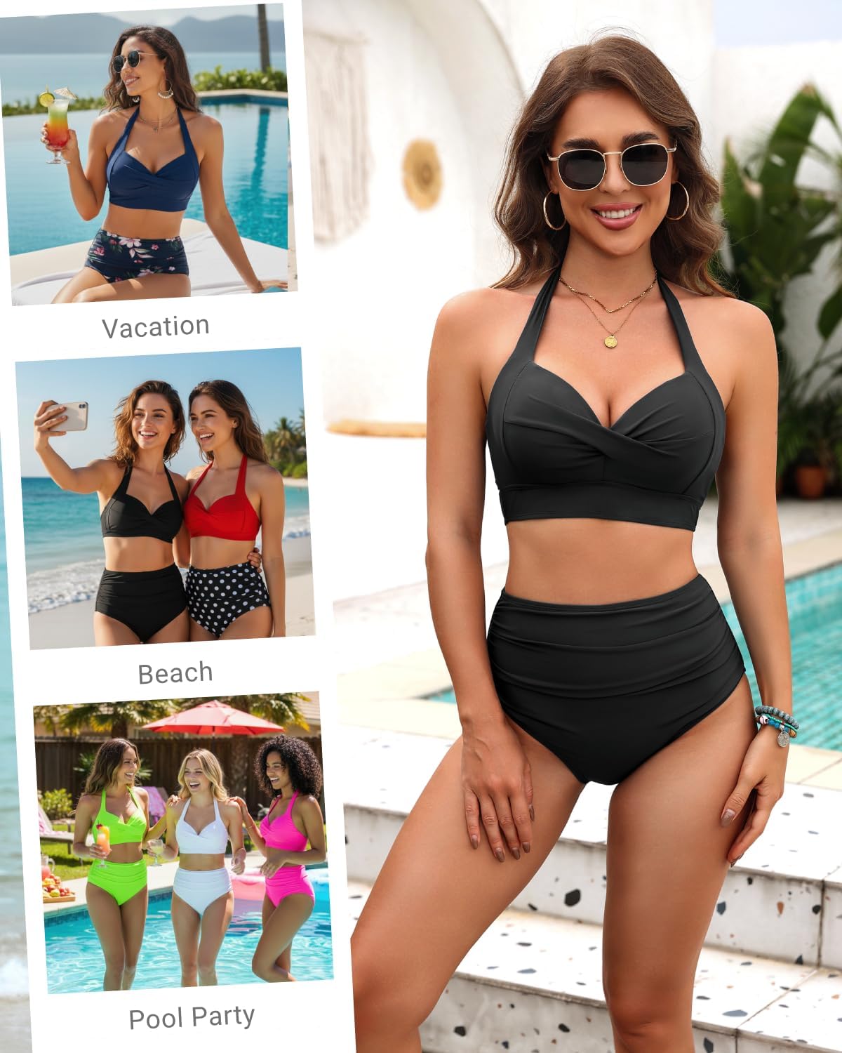 Tempt Me Women Two Piece Swimsuit High Waisted Bikini Halter Vintage Retro Bathing Suit Push up Swimwear - Image 2