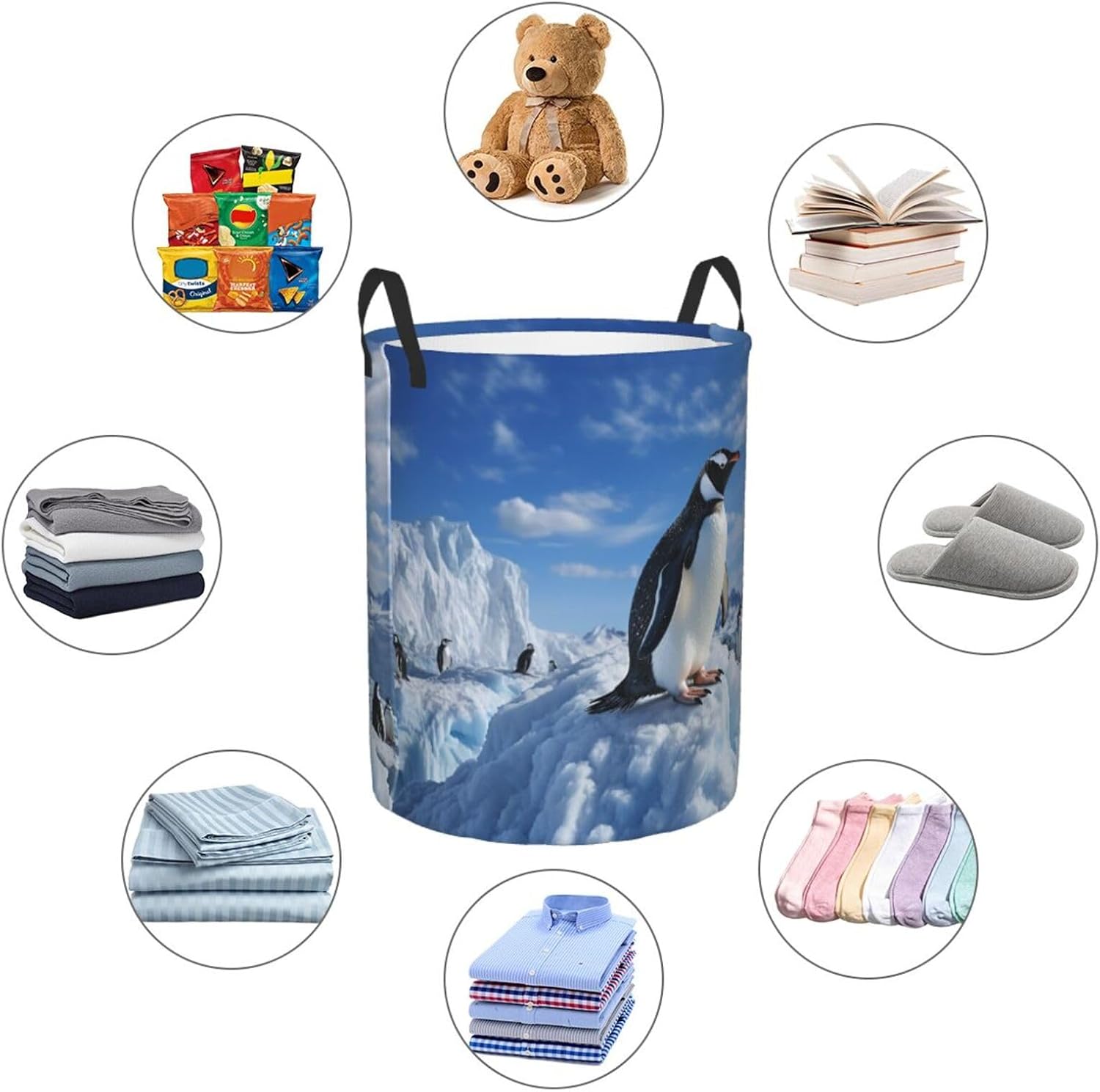 Snow mountain penguin Laundry Basket With Handles Foldable Oxford Cloth Tote Bag Laundry Hamper Waterproof Clothes Storage Bucket Toy Organizer For Laundry Room/Bathroom/Bedroom/Dormitories