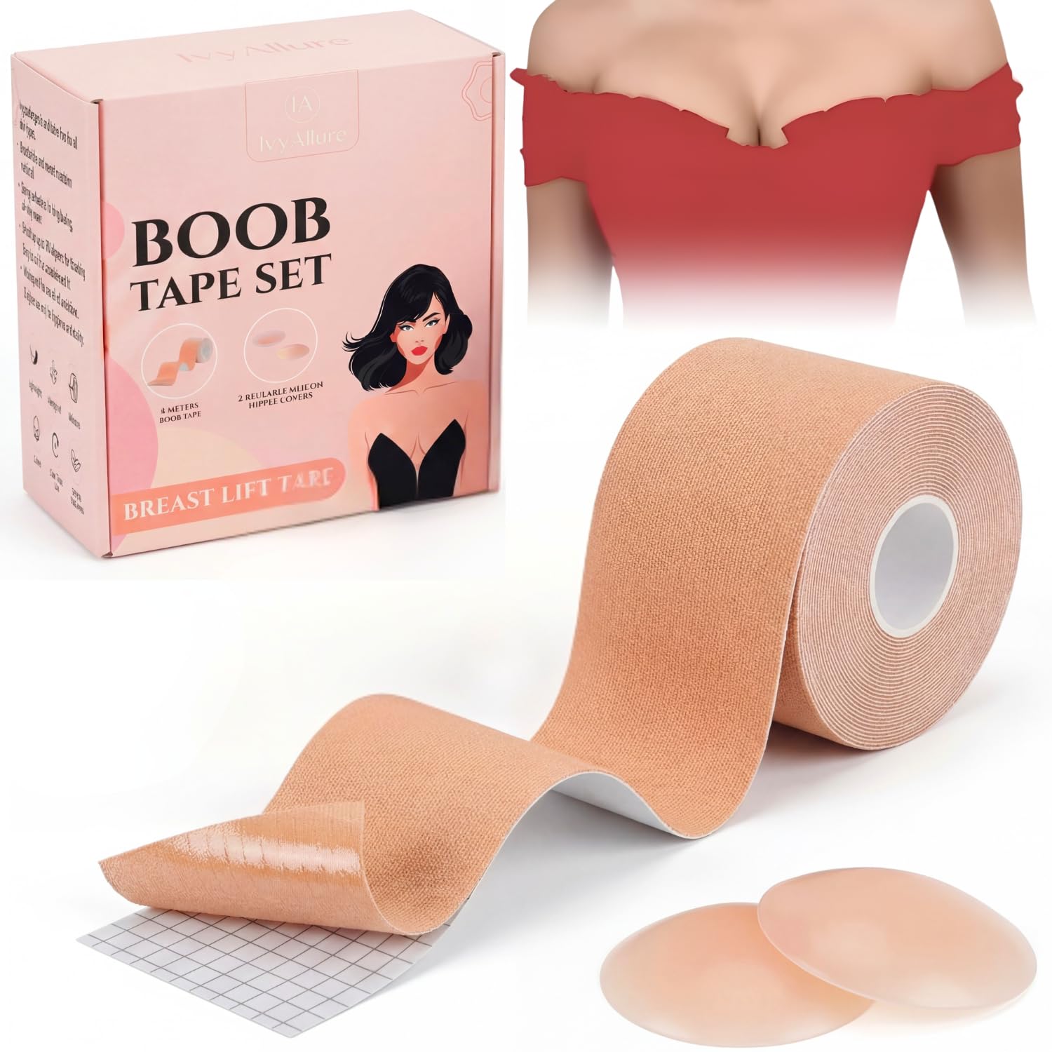 Ivyallure Women's Skin Boob Tape, Boobtapes For Large Breasts, 8M Self-Adhesive Strapless Tit Tape With 2 Reusable Silicone Nipple Covers - Waterproof Strong Breast Lift Push Up Tape For A-G Cup Siz