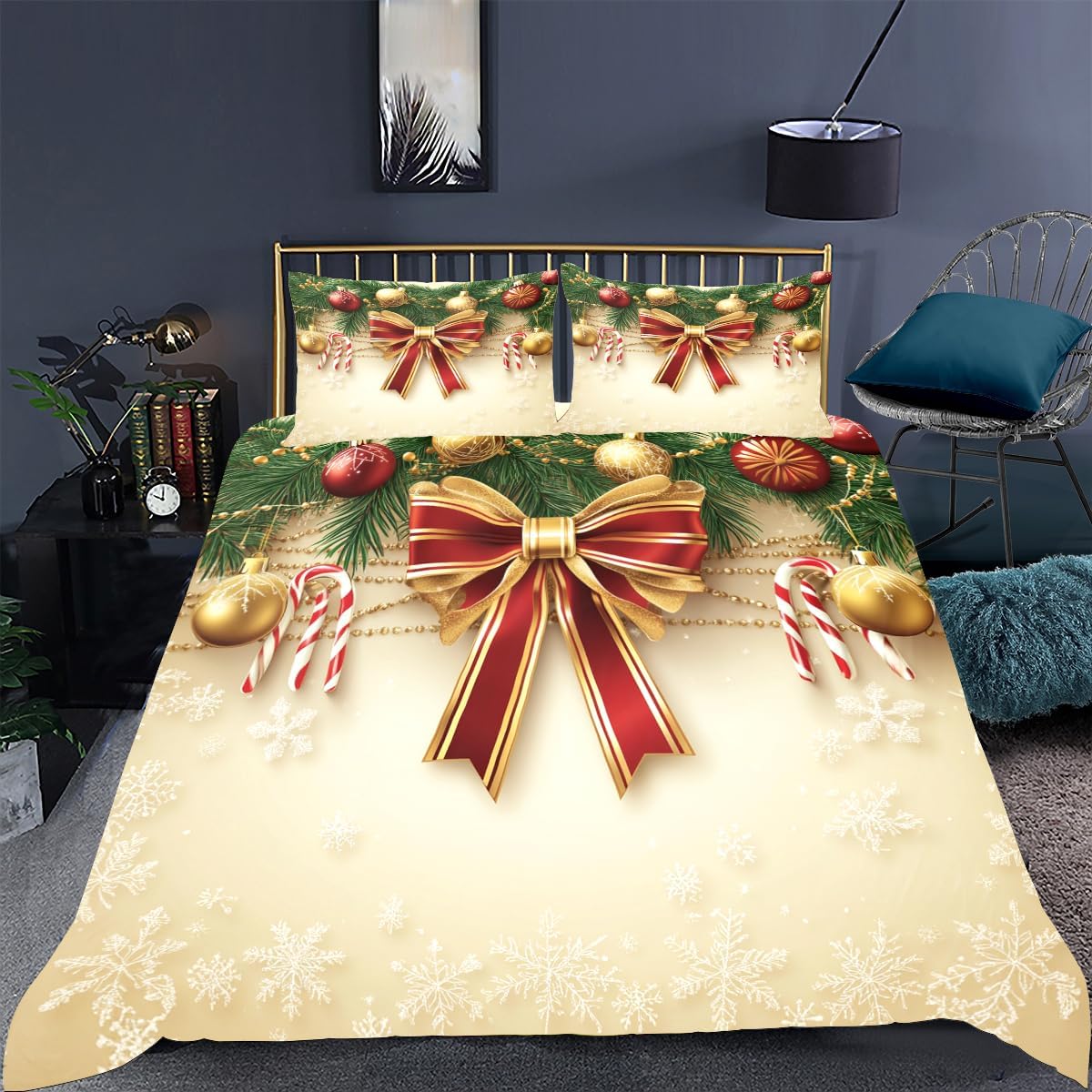 CCoutueChen Light Gold Chriatmas Bedding Set Twin Size,Red Bow Duvet Cover for Girls Women Bedroom Decor,2Piece Soft Microfiber Comforter Cover Set with 1 Pillowcase