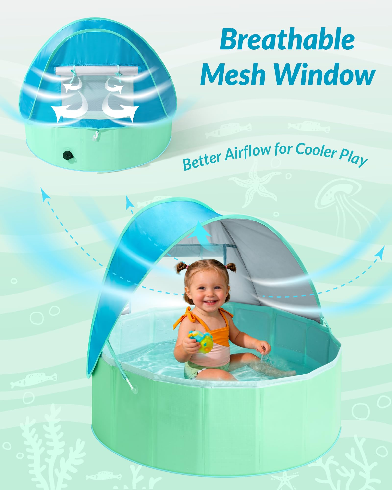 Hikiddy Piscina infantil con sombra: piscina desplegable de 80 cm con toldo para verano, playa, jardín (azul y menta, 80 cm)