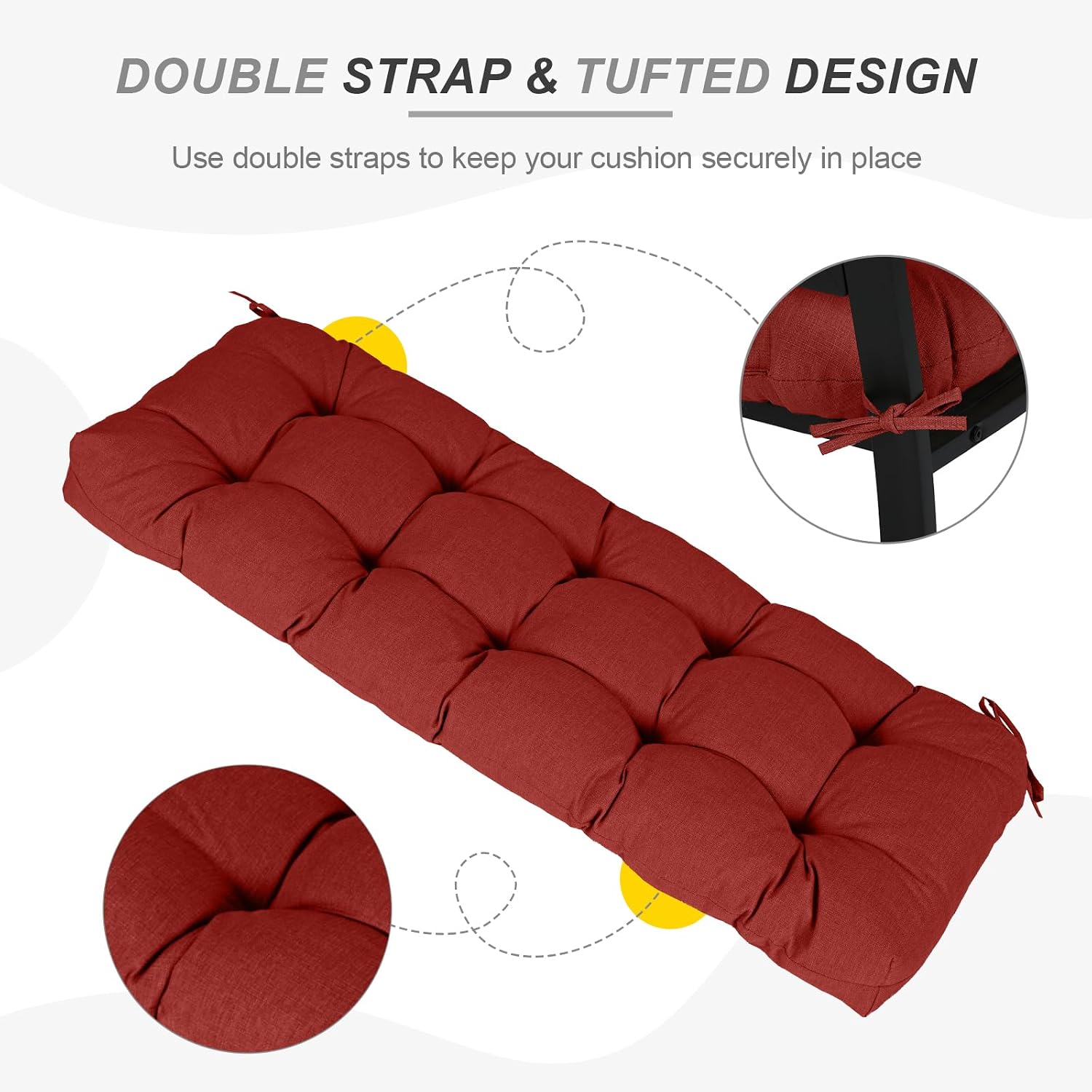 Aoodor 46''x19''x 5'' Tufted Outdoor Bench Cushion, Water Resistant & Fade Resistant Polyester Pads with 2 Straps for LoveSeat, Window, Rattan Bench, Red