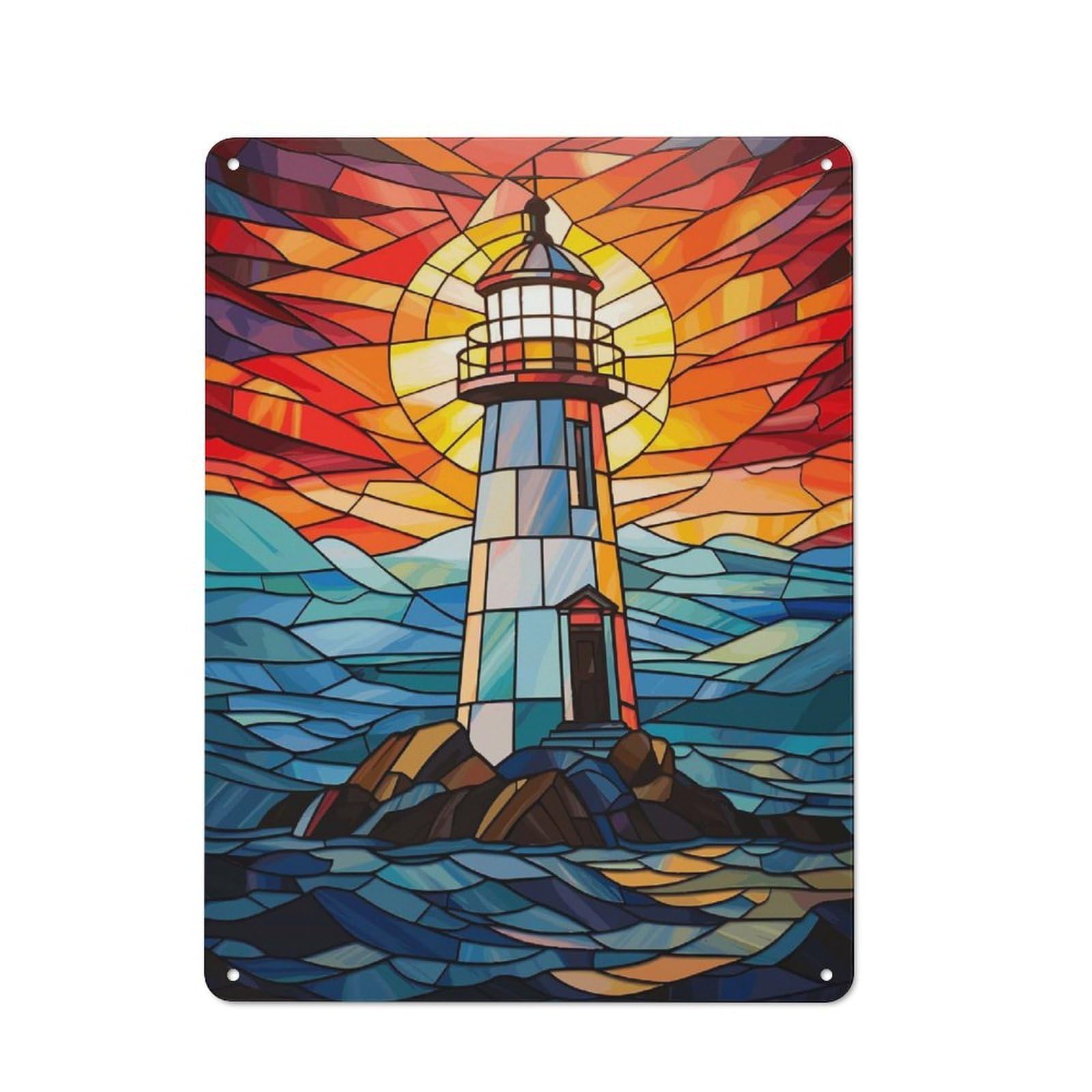 Junmoney Style-18 Garage Style Metal Wall Sign 40X30cm Featuring Lighthouse Stained Glass, Garage Wall Decor For Garage, Hobby Room, Office Or Man Cave