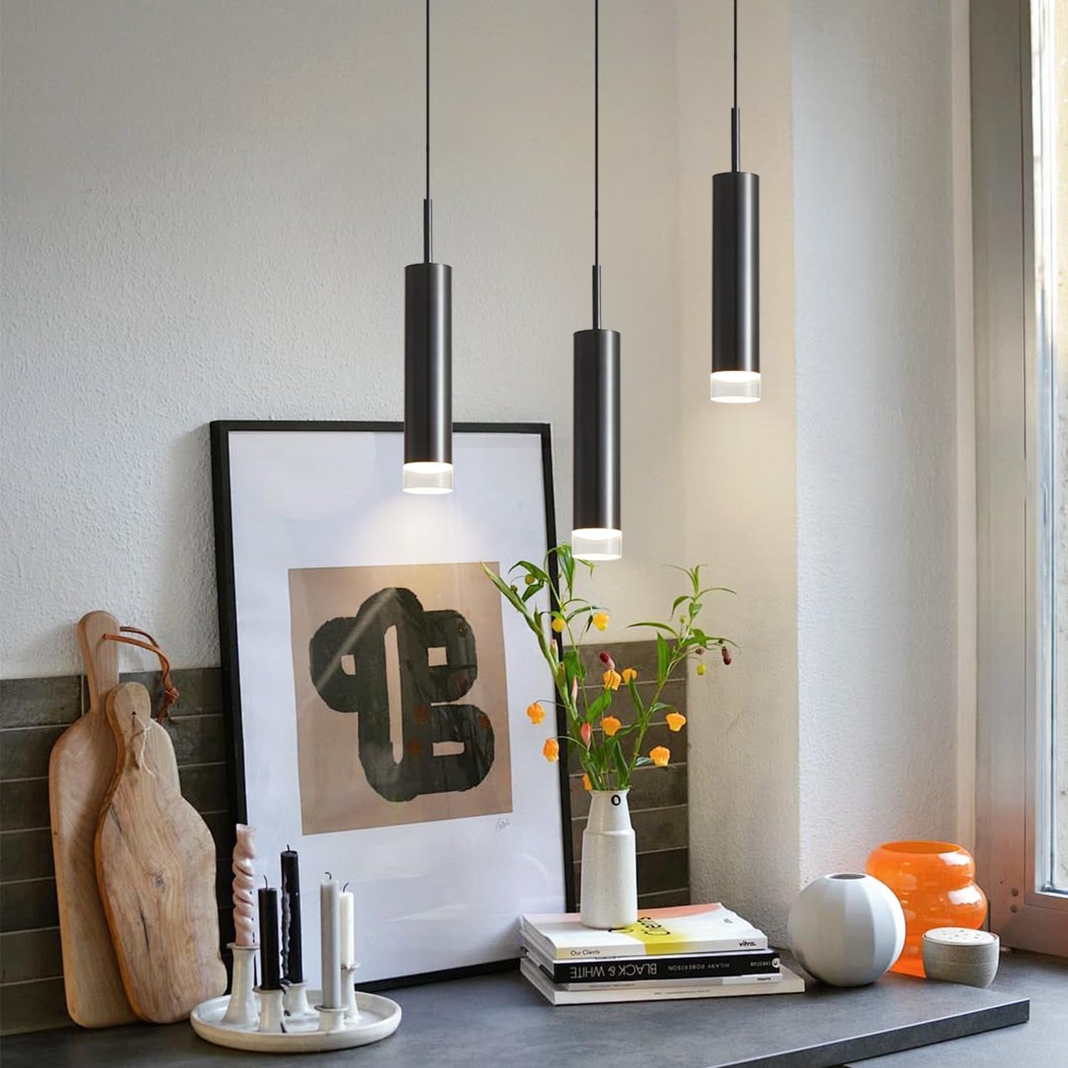 Black Cylinder Pendant Lights Mini Pendant Lighting Mid Century Modern Pendant Lights Kitchen Island Set of 3 Small Hanging Light Fixture Farmhouse Dining Room Lighting Fixtures
