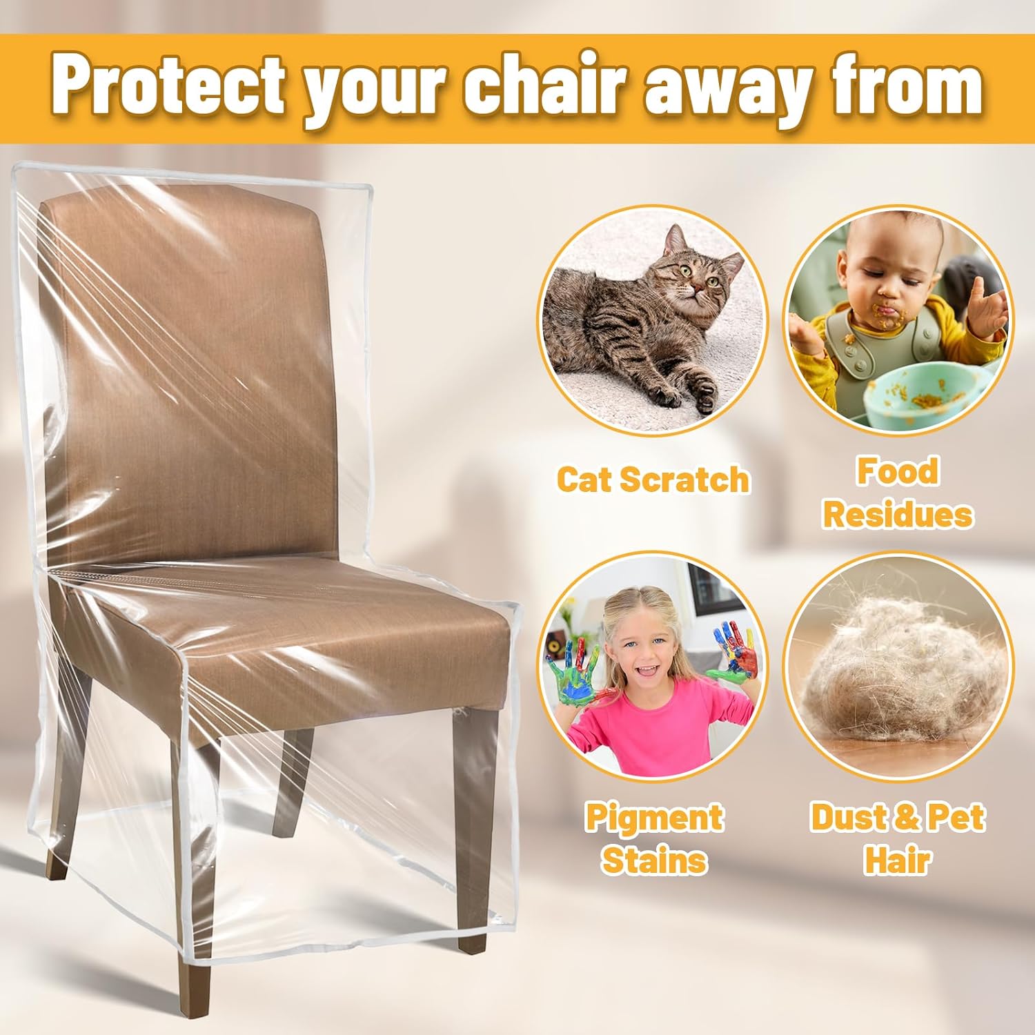 4 Pack Plastic Dining Room Chair Covers with Backrests Clear PVC Seat Protectors Keep Your Dining Chair Away from Water, Dust, Paws, and Claws, 20" D x 22" W x 41" H